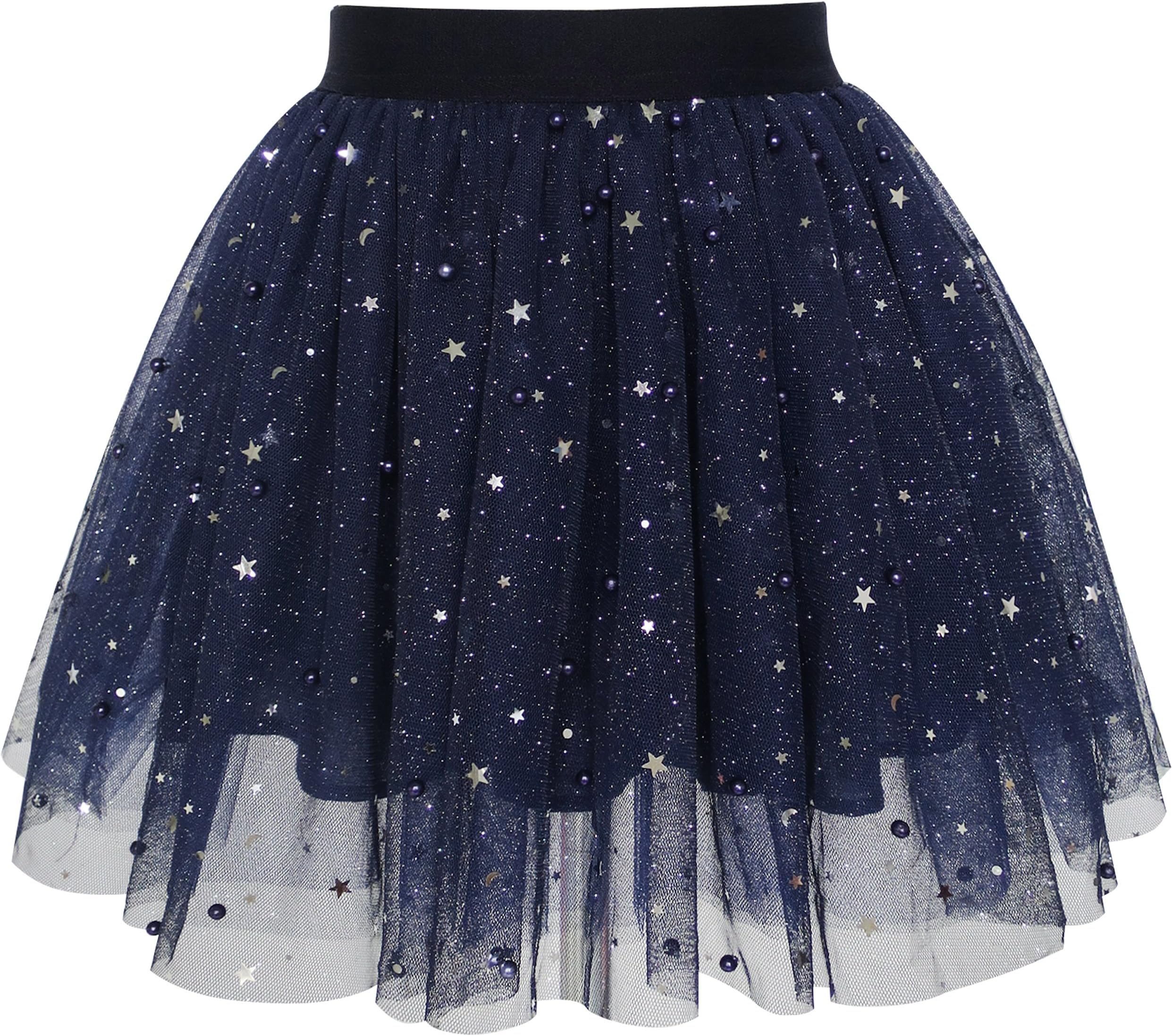 Sunny Fashion Girls Skirt Navy Blue Pearl Stars Sparkling Tutu Dancing Size 4-12