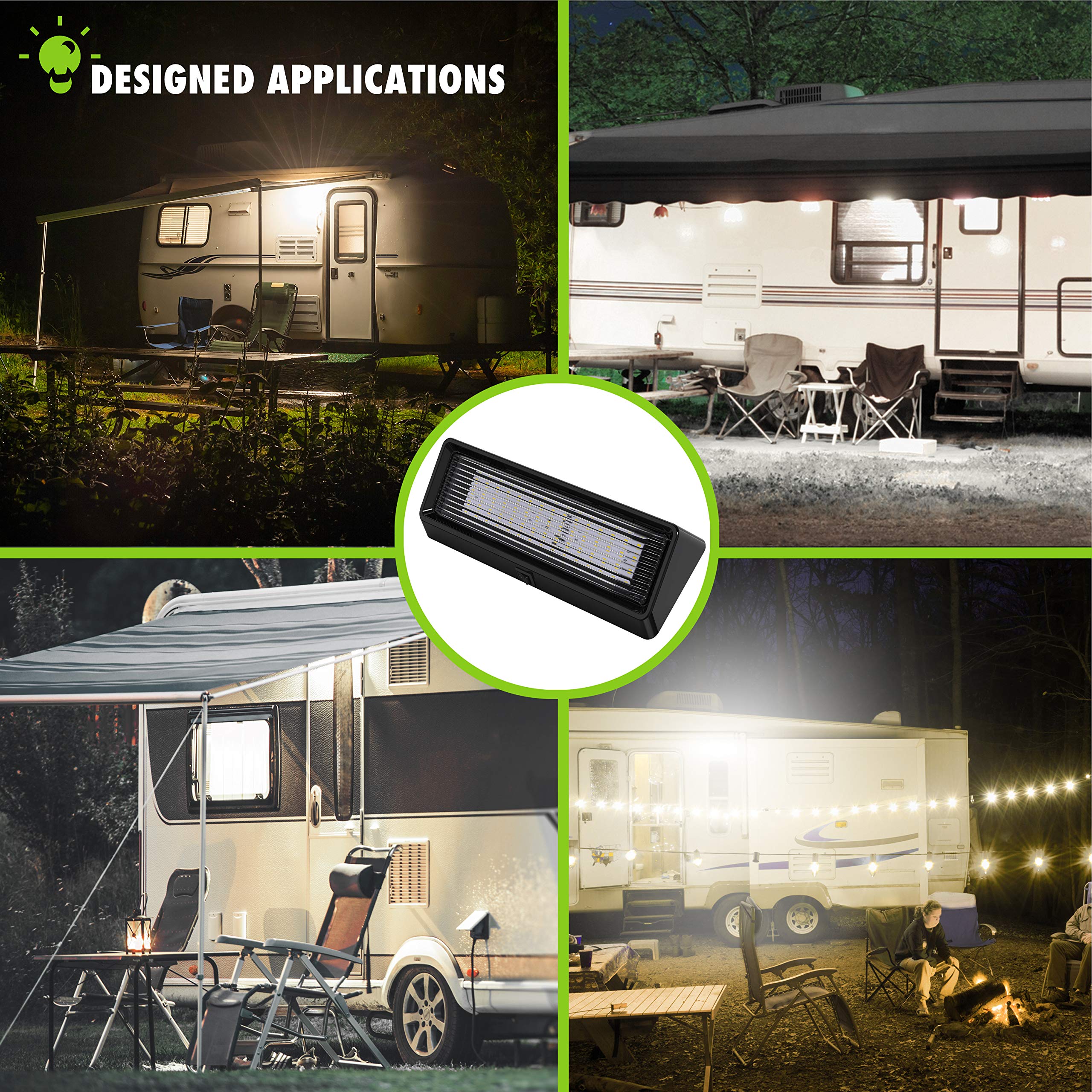 Luz de utilidad para porche exterior RV con interruptor XL 12 V 650 lúmenes. Iluminación de repuesto para caravanas, remolques, campistas, 5ª rueda XXXX base transparente (negro, paquete