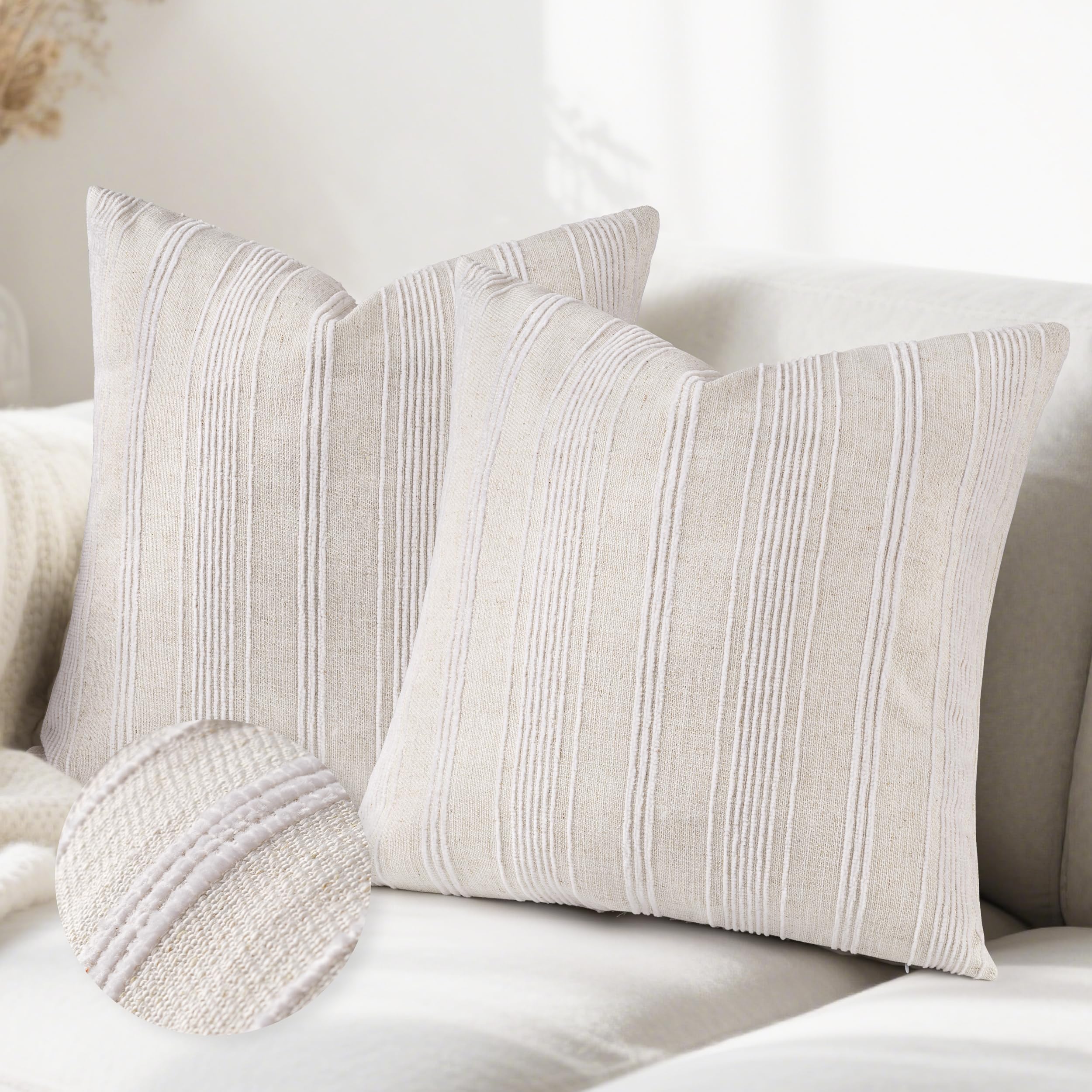 Housses de coussin lin chenille haut de gamme beige et crème 45x45 cm pour canapé
