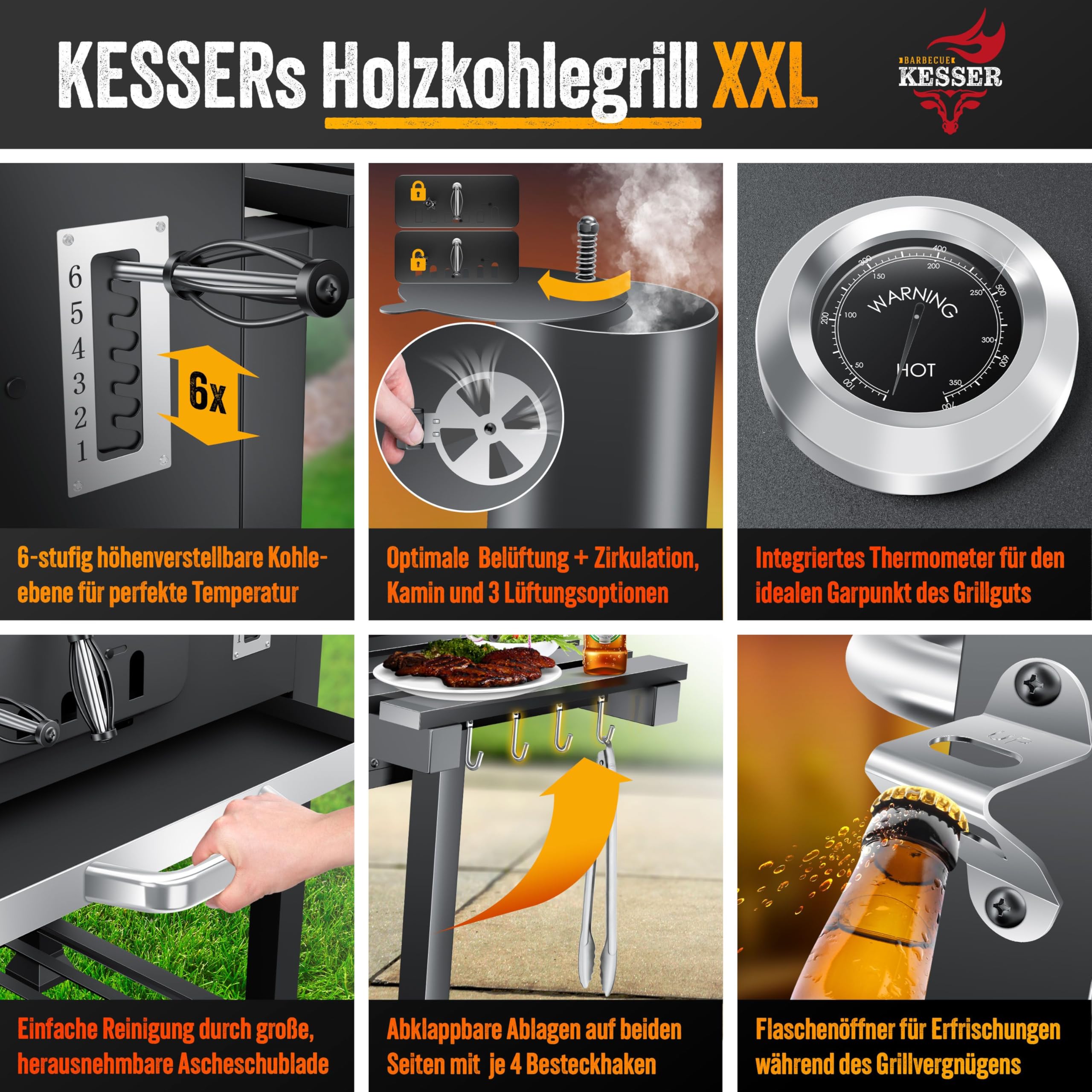 KESSER® Barbecue con Carrello XXL Barbecue a carbonella con Coperchio, Ruote, Manico in Acciaio Inox, griglia e termometro a carbonella,Grande Barbecue a carbonella Barbecue da Campeggio