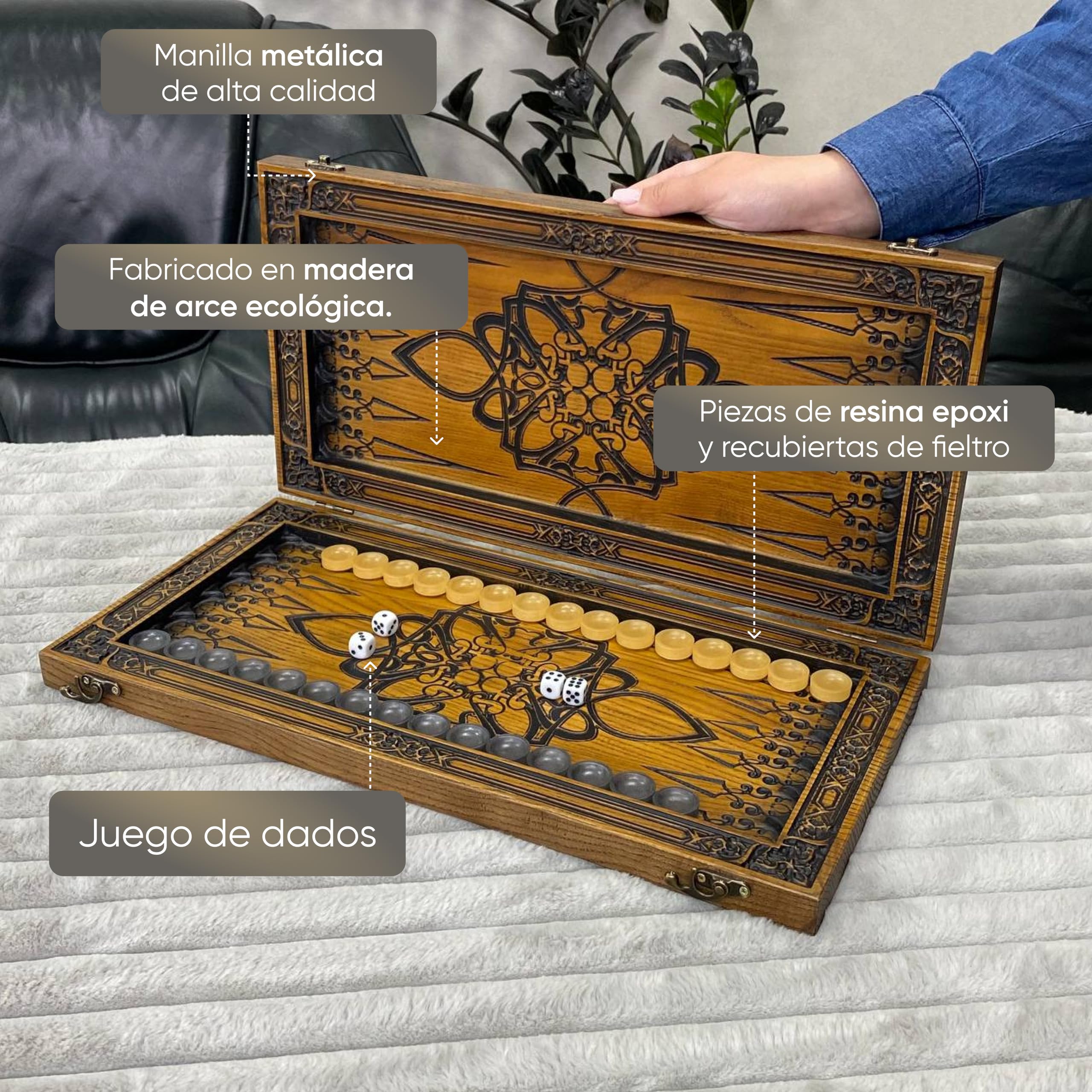 Backgammon de madera de fresno – Estrella de David grabado – 48 × 23 cm – Juego de fichas epoxi hecho a mano – Idea de regalo para los conocedores "Estrella de David" (2 diseños)