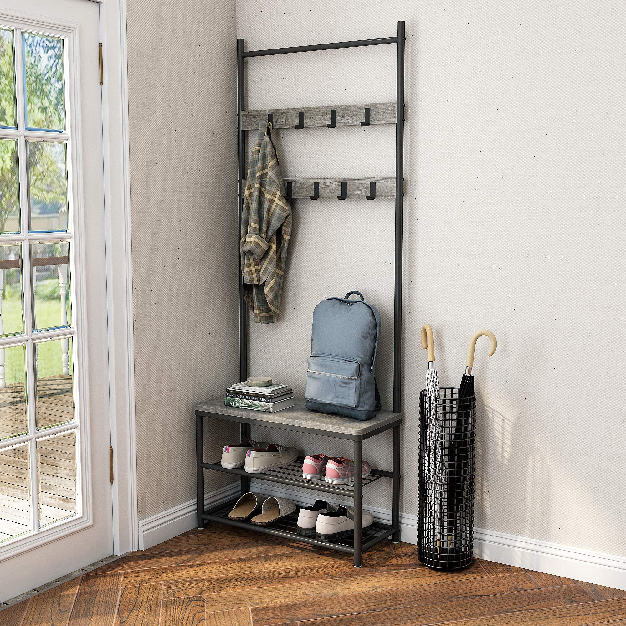 Mondeer Garderobenständer, Schuhregal mit Garderobe, 3 Ablagen und 9 Abnehmbaren Hake, Industrie Design, aus Metall und Holz,70 x 32 x 175 cm, für Flur, Grau