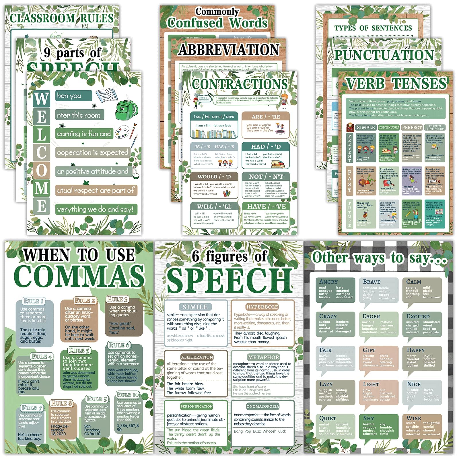 chiazllta 12Pcs Educational English Grammar Poster Classroom Decoration Parts of Speech Chart Posters English Bulletin Board for Teachers Middle High School Supplies Classroom Must Haves(Eucalyptus)