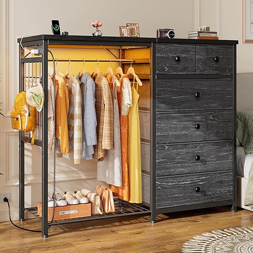 EnHomee 49.2" W Dresser for Bedroom with Hanging Rack 6 Drawers Dresser with LED Lights & Charging Station, Fabric Dressers & Chest of Drawers with Rack, Wooden Top, Grid Panel, Black - Black