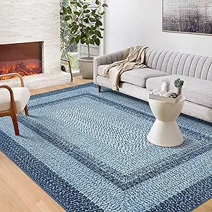 GAOMON 9x12 Washable Area Rug Modern Braided Print Soft Bedroom Non-Slip Non-Shedding Floor Carpet Low Pile Foldable Thin for Dining Room Home Office Nursery Blue