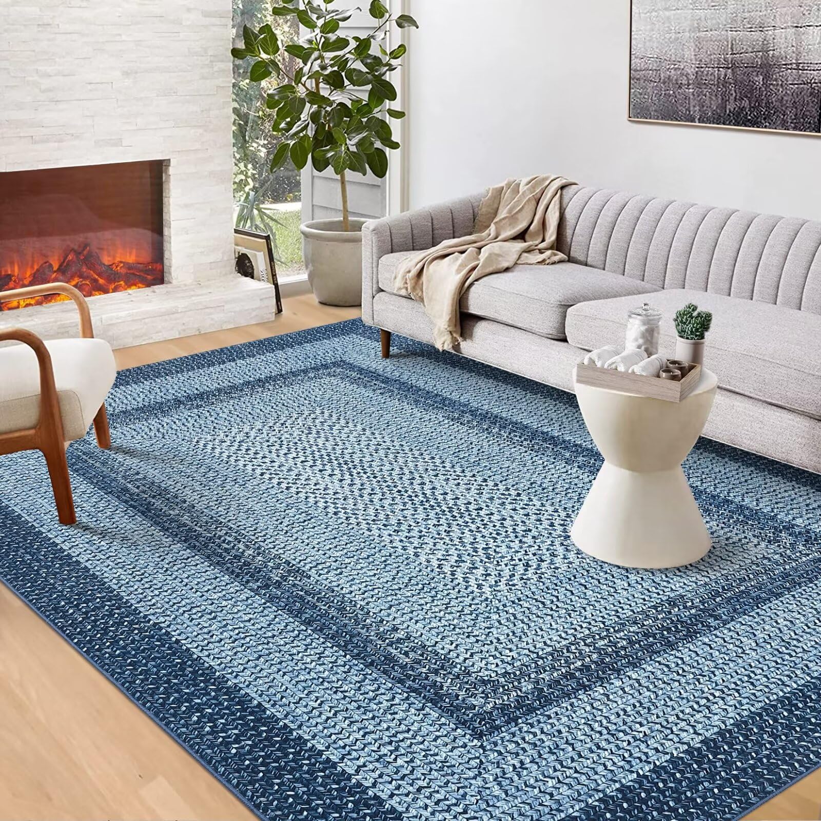 GAOMON 9x12 Washable Area Rug Modern Braided Print Soft Bedroom Non-Slip Non-Shedding Floor Carpet Low Pile Foldable Thin for Dining Room Home Office