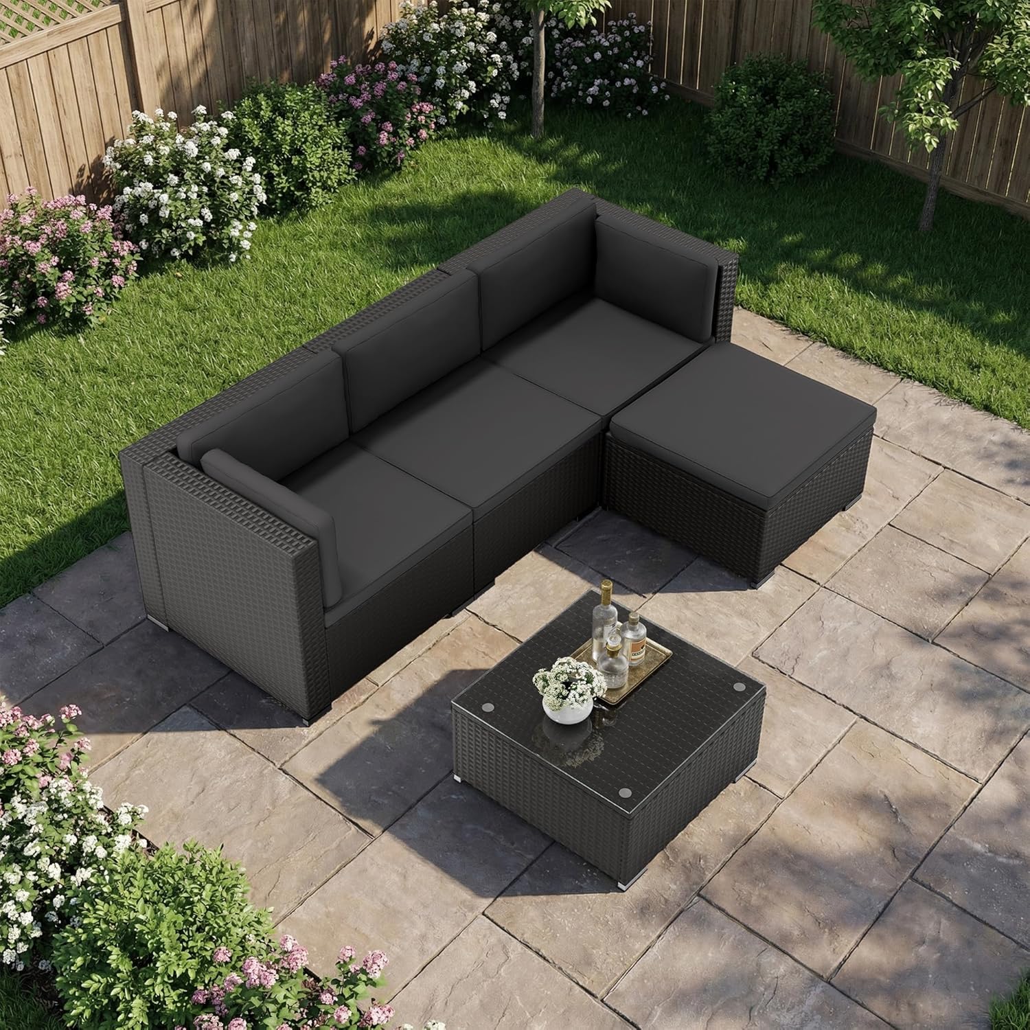 Oakcloud 5-Piece Outdoor Patio Furniture Sofa Set Black Rattan Wicker Sectional Conversation Sets with Glass Top Table and Cushions(Grey)