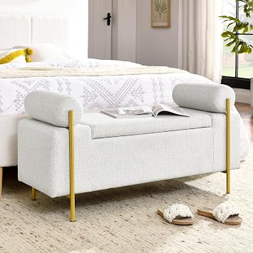 Storage Bench for Bedroom, 44" White Storage Ottoman Bench with Armrest, Elegant Linen Upholstered Seating Foot Rest Stool for Living Room, Entryway, Gold Metal Legs, Safety Hinge, White