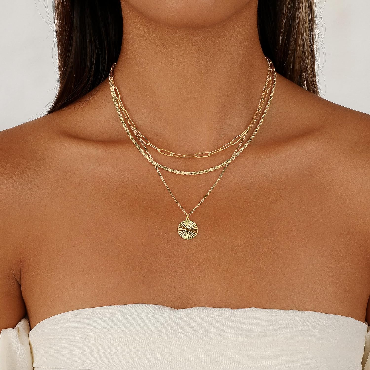 CAROVO Gold/Silver Layered Necklace for Women 14K Gold/Silver Plated Trendy Paperclip Circle Pearl Cross Stackable Pendant Necklace Dainty Gold Jewelry Gift for Women Adjustable - Image 2