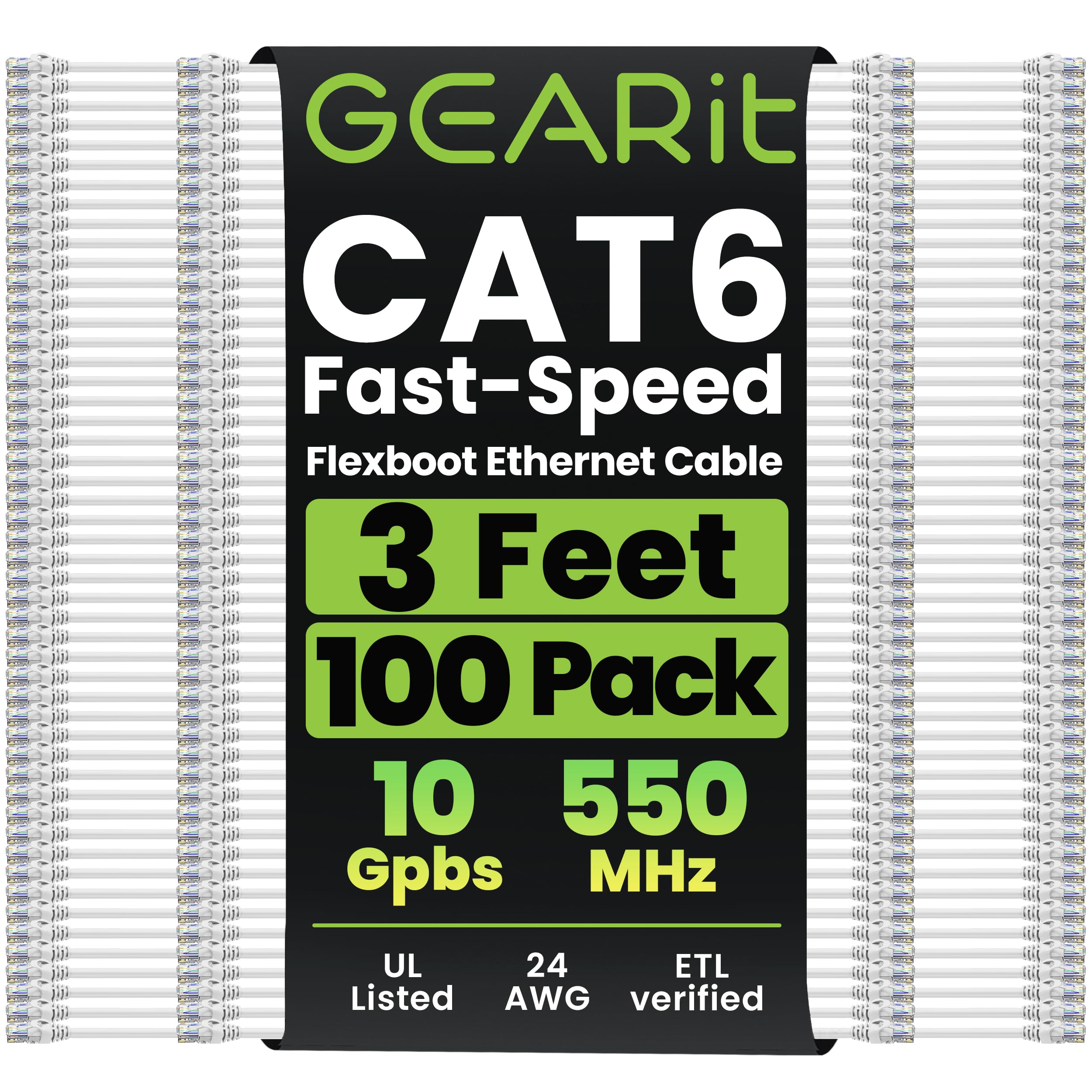 GEARit 100-Pack Cat6 Patch Cable 3 Feet Cat 6 Ethernet Cable Snagless Flexible Soft Tab - Premium Series - White