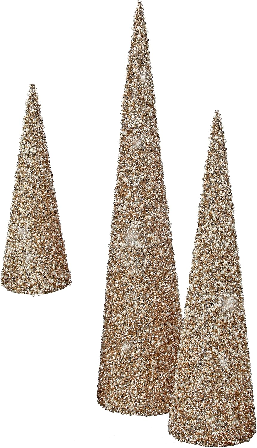 Set of 3 Champagne Gold Jeweled, Pearled and Glittered Christmas Topiary Cone Trees- 24 Inches, 17.5 Inches and 12.25 Inches High