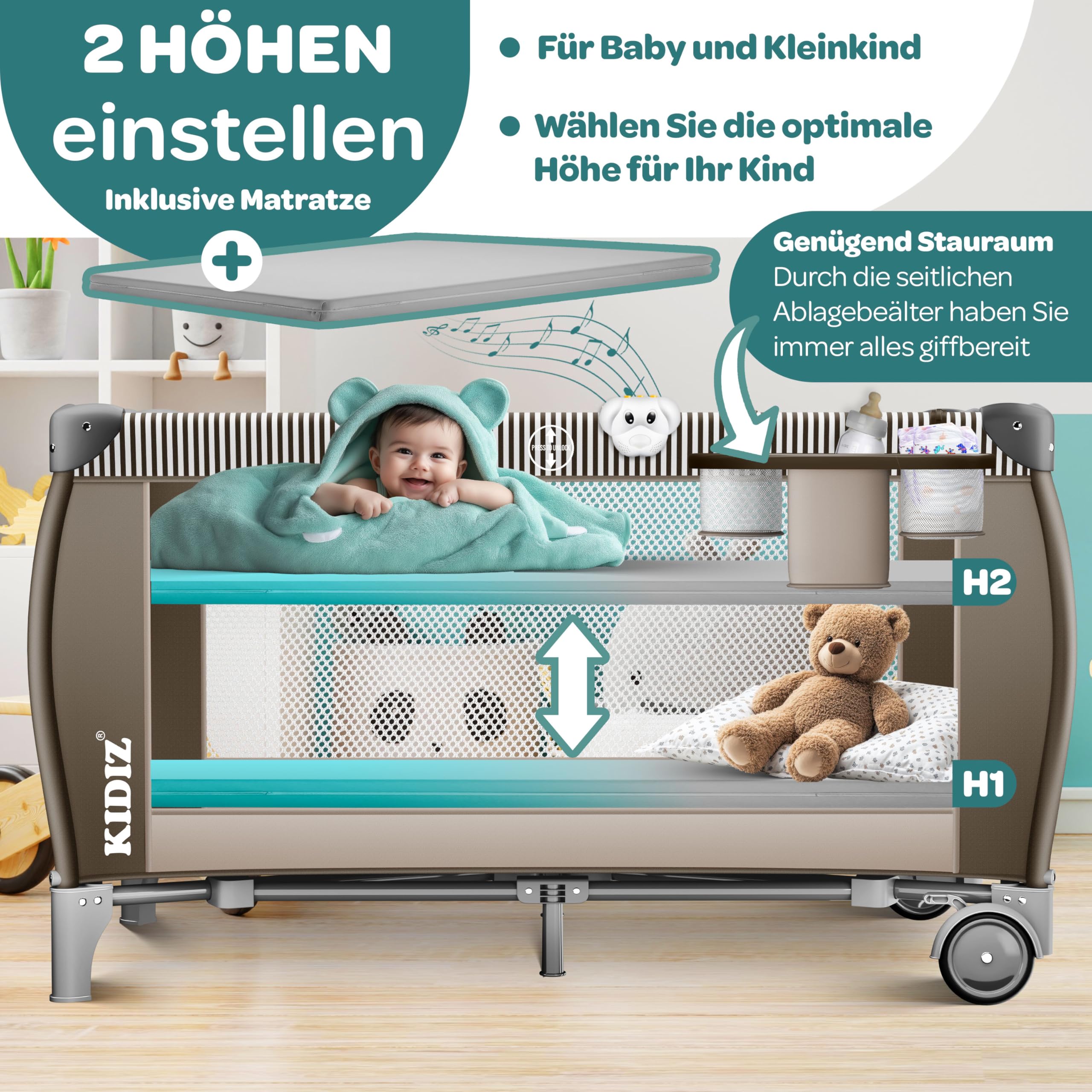 KIDIZ® Łóżeczko dziecięce 3 w 1, turystyczne, zestaw kombi, łóżeczko z przewijakiem, moskitiera, kojec, do 15 kg, przewiewne ściany boczne z wejściem bocznym, składana torba transportowa, brązowy
