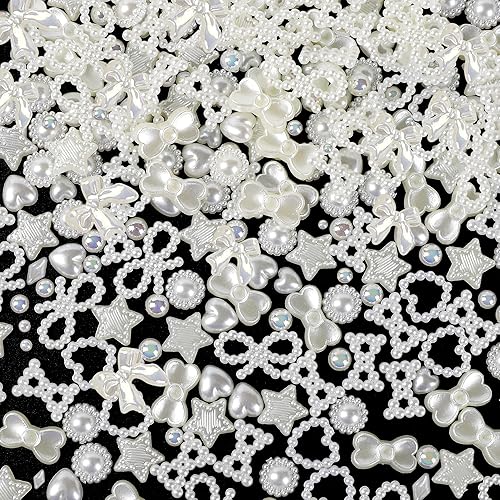 1450 dijes de uñas multiformas 3D y perlas de espalda plana, estilos mixtos de color blanco, perlas de estrella de corazón con parte trasera plana,