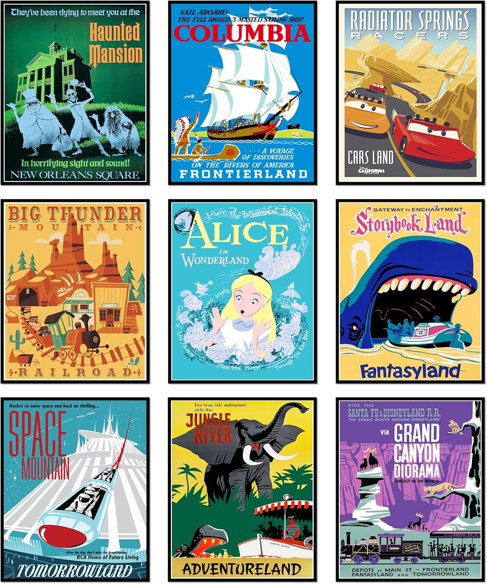 Alyam Store Vintage Disneyland Posters - Unframed Set of 9 (8x10") - Retro Disney Wall Art Home Decor - Disney Parks Art Posters