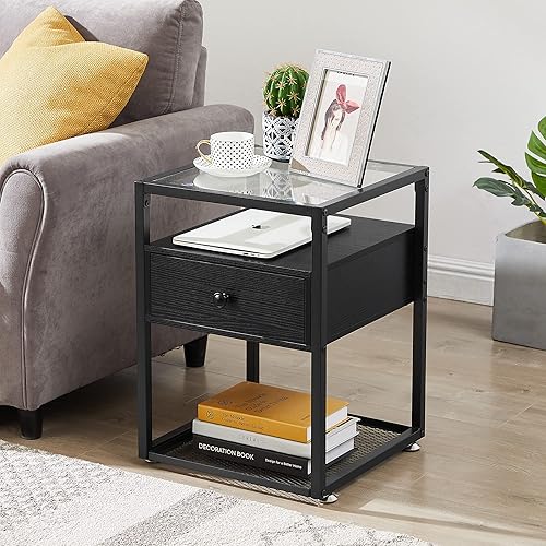 Miniatura 2 de VECELO Mesita de noche moderna con cajón, mesita de noche para sala de estar, dormitorio, vidrio templado, juego de 2 unidades, color negro Negro