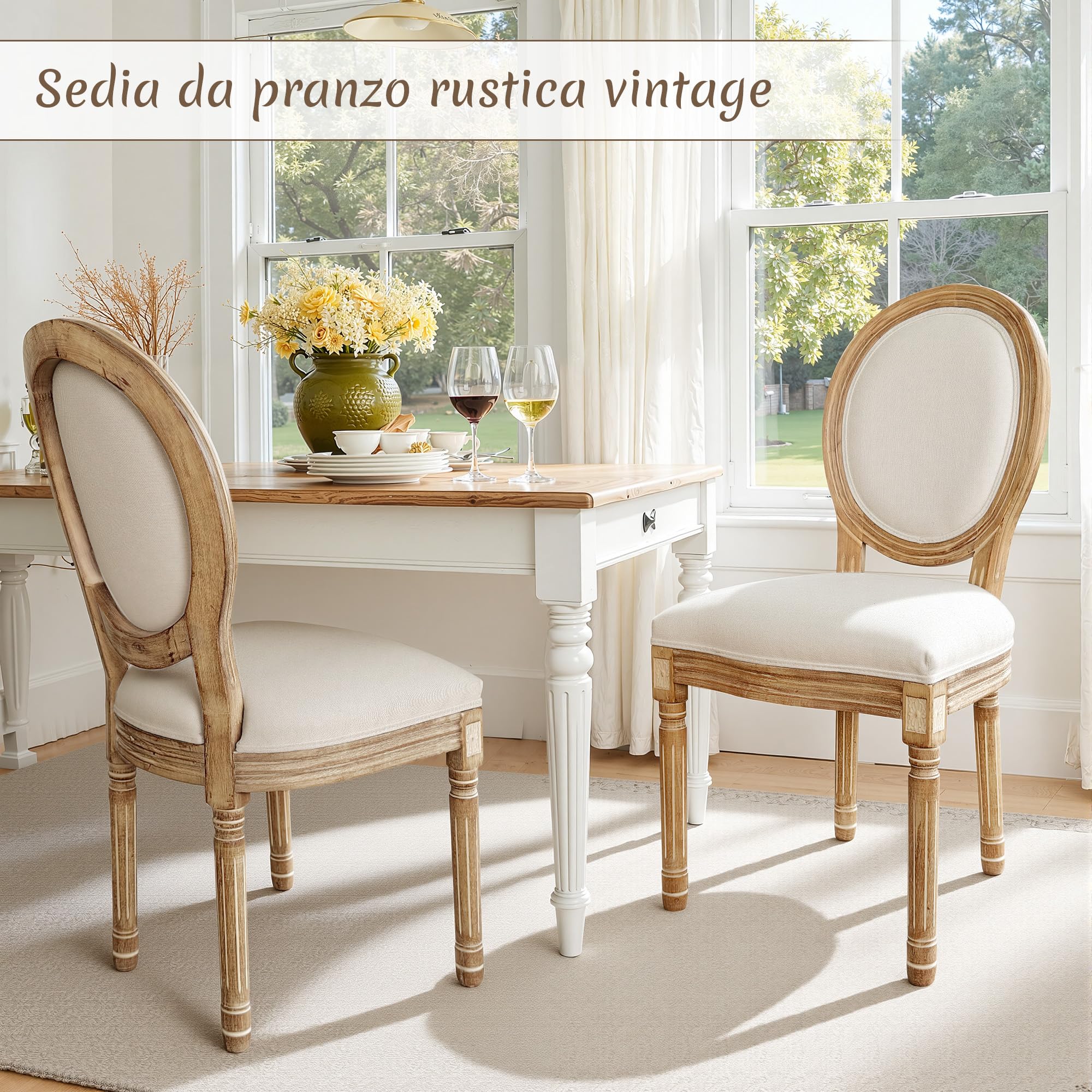 BonVache Set di 2 sedie da cucina in stile retrò, con schienale ovale classico, effetto lino e legno massiccio, spesse imbottite, per sala da pranzo, studio, soggiorno, bianco gesso