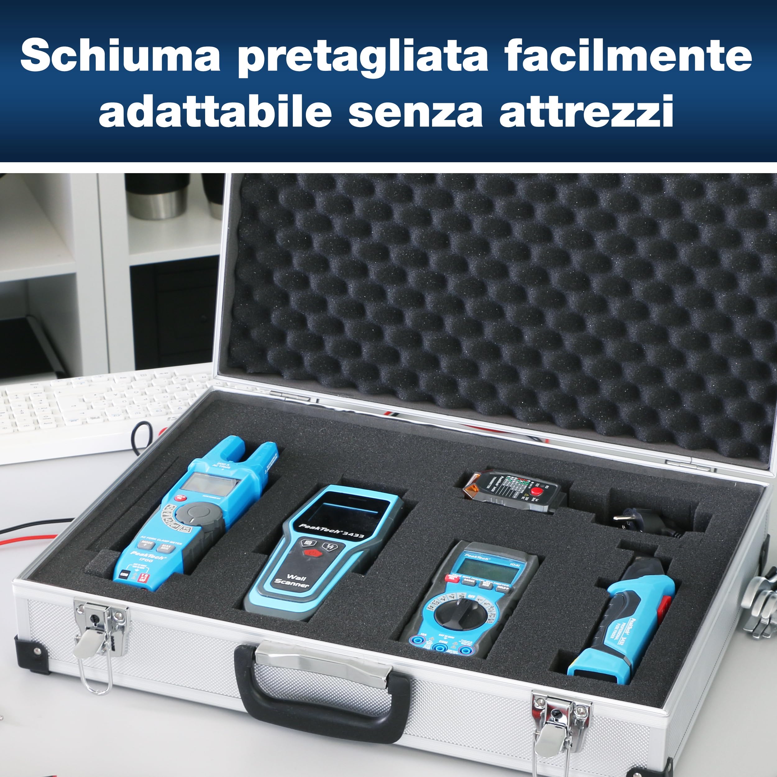 Peaktech 7270 - Custodia Universale per Strumenti di Misura, Custodia in Alluminio Resistente, Vano Porta Attrezzi, Imbottitura in Schiuma, con Lucchetto, Antipolvere, XXL - 500 x 350 x 120 mm