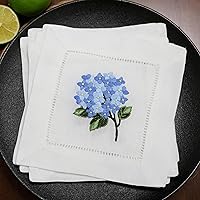 Lauusiusi 100% Linen Cocktail Napkins Set of 6 - White Hand Embroidered Hydrangea 6x6" Hemstitched Reusable Coasters Gift Box for Weddings Parties
