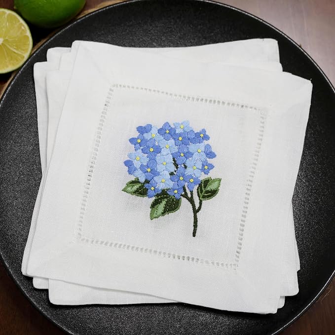 Lauusiusi 100% Linen Cocktail Napkins White with Gifting Package Set of 6 Hand Embroidered Hydrangea 6"x6" Reusable Mini Cloth Hemstitched Coasters for Birthday Wedding Garden Party Present Blue