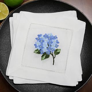 Linen Cocktail Napkins White Set of 6 Hand Embroidered Hydrangea 6"x6" Reusable Mini Cloth Hemstitched Coasters for Birthday Wedding Garden Party Present Blue