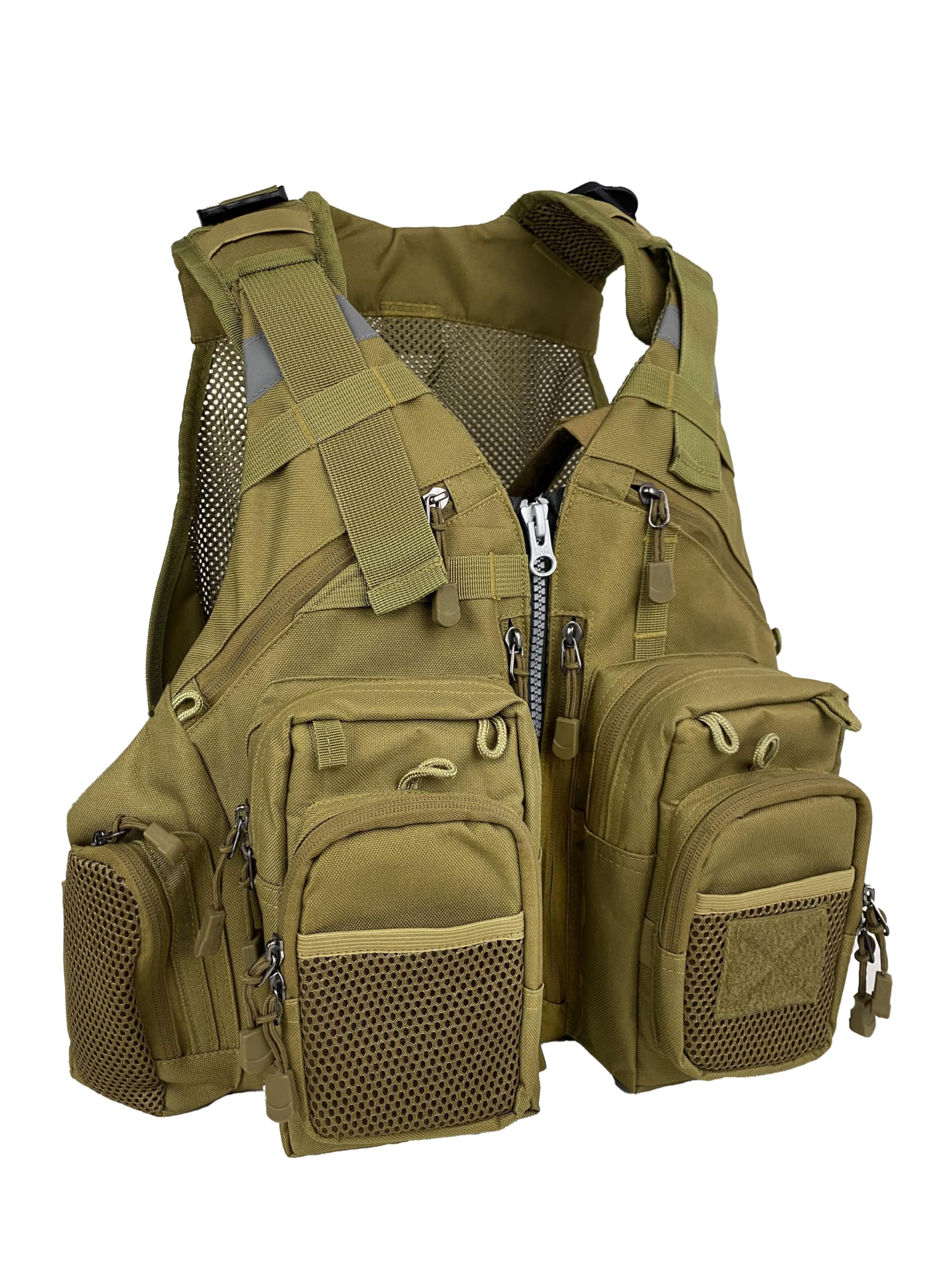 FLYDWV Fishing vest, breathable, multiple adjustable pockets, suitable for both men and women (brown)