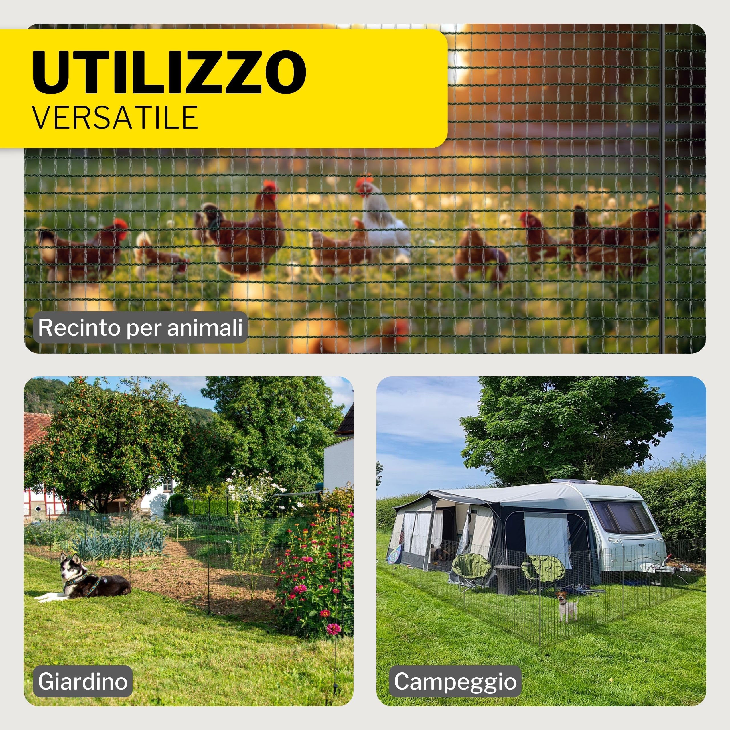 Recinzione per cani Horizont FIX, 15 m x 90 cm, 9 pali doppio chiodo, rete chiusa, recinzione mobile per giardino, pascoli, polli e campeggio