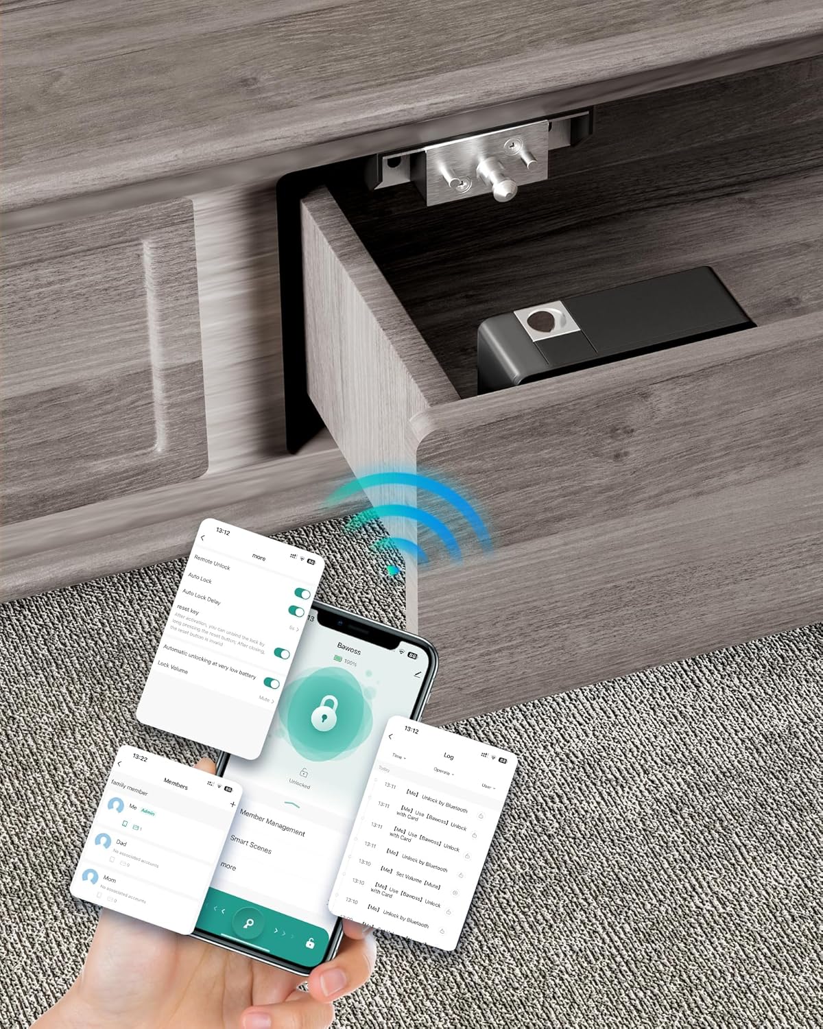 Smart Cabinet Lock Hidden invisible RFID Kid Keyless Drawer Locks for Adults Children Proof, Tuya APP Works With Alexa & Google Home for Sliding Cabinet and Box,No drilling,NFC,Card,Black