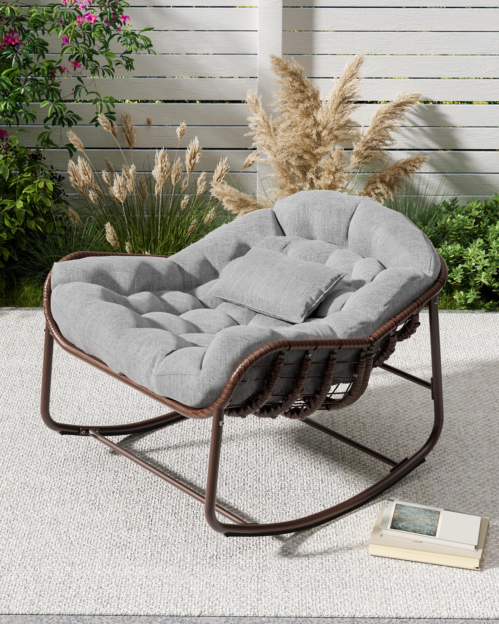 GarveeHome Outdoor Patio Schaukelstühle, Überdimensionierter Papasan-Schaukelstuhl für Innen mit Gepolstertem Kissen - Ei-Schaukelstuhl für Wohnzimmer, Veranda, Garten, Terrasse, Hinterhof