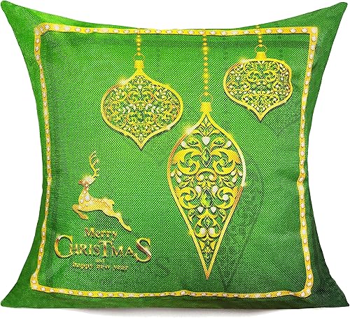 Miniatura 3 de All Smiles Juego de 4 fundas de almohada de Navidad verdes de 20 x 20 pulgadas, adornos dorados de Navidad, adornos navideños para interiores y