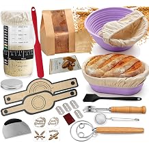 Sourdough Starter Kit 30-Piece Round & Oval Silicone Proofing Baskets with Linen Liners,Starter Jar with Temperature Strip, 7-Day Guide,Danish Whisk & Bread Lame Complete Home Baking Set for Beginners