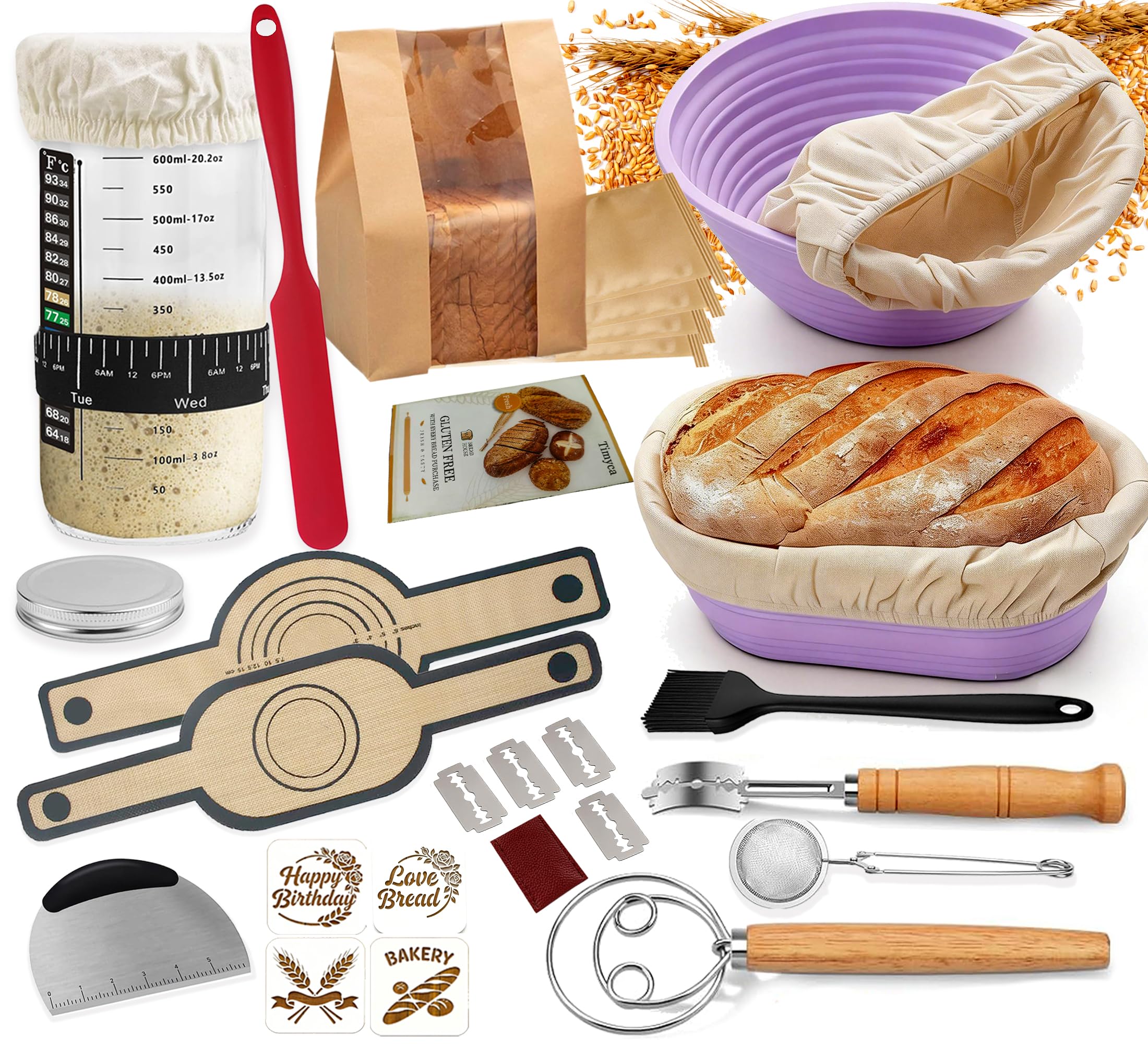 Sauerteig Starter Set Brot backen Zubehör mit Gärkörbchen & 650ml Gärglas