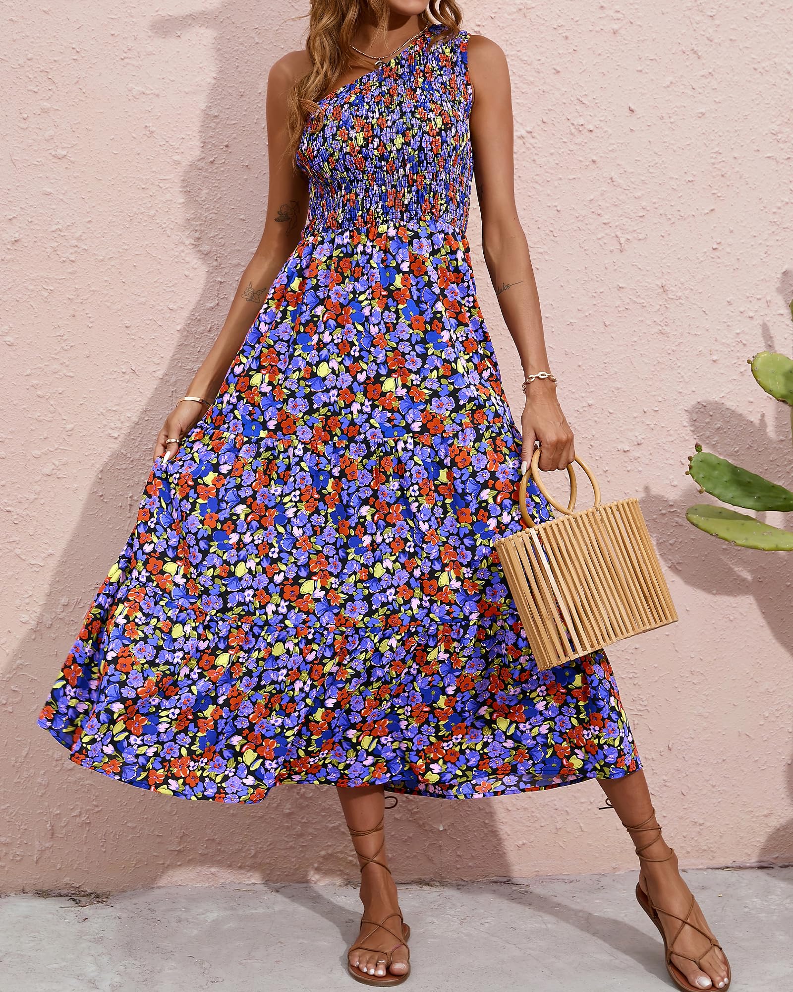 BTFBM 2025 Summer One Shoulder Dresses for Women Casual Sleeveless High Waist Floral Flowy Smocked Boho Beach Maxi Dress