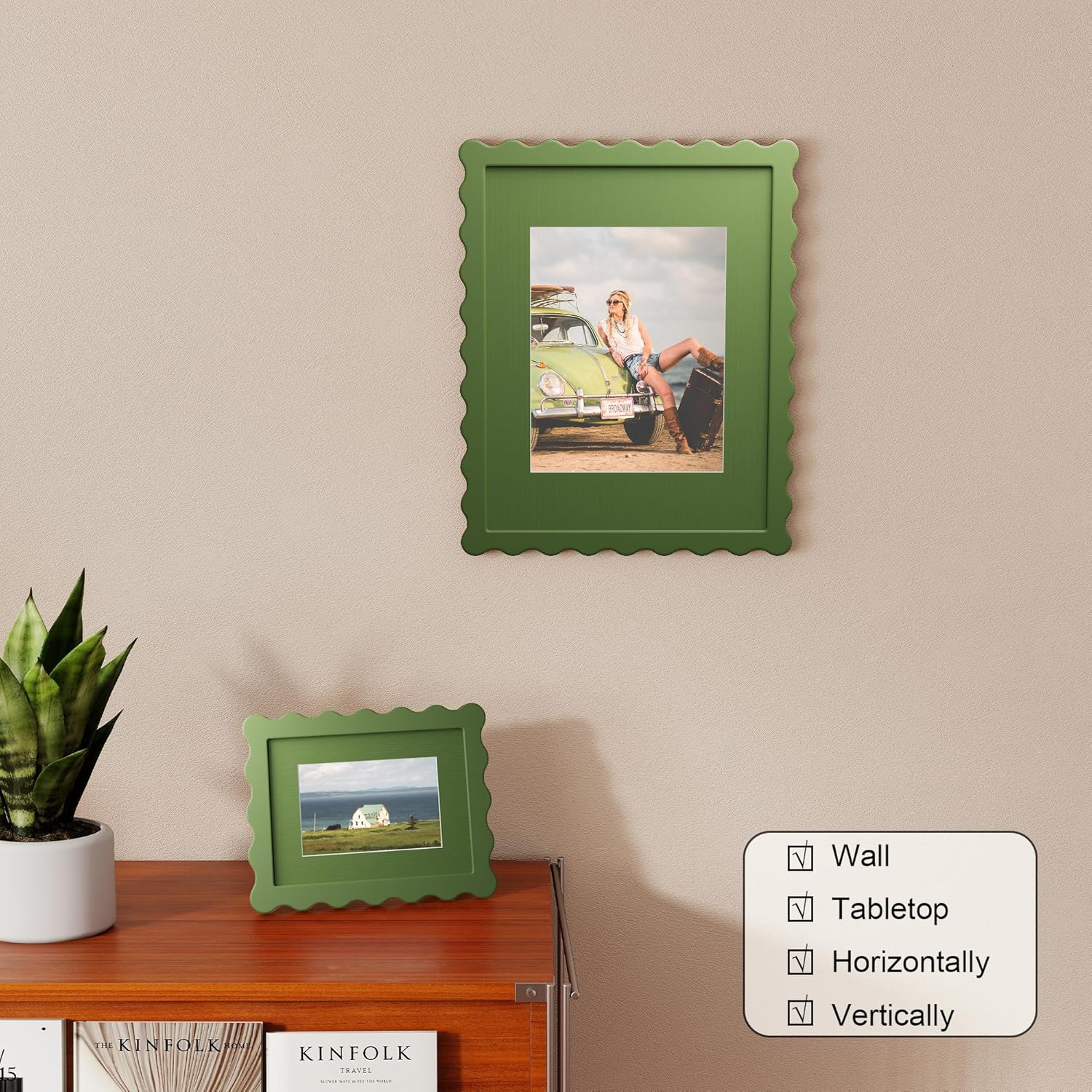4x6 Picture Frame with Real Glass, Wooden Wavy Photo Frame with 3.5x5 Mat for Tabletop and Wall Hanging, Green, 2 Pack