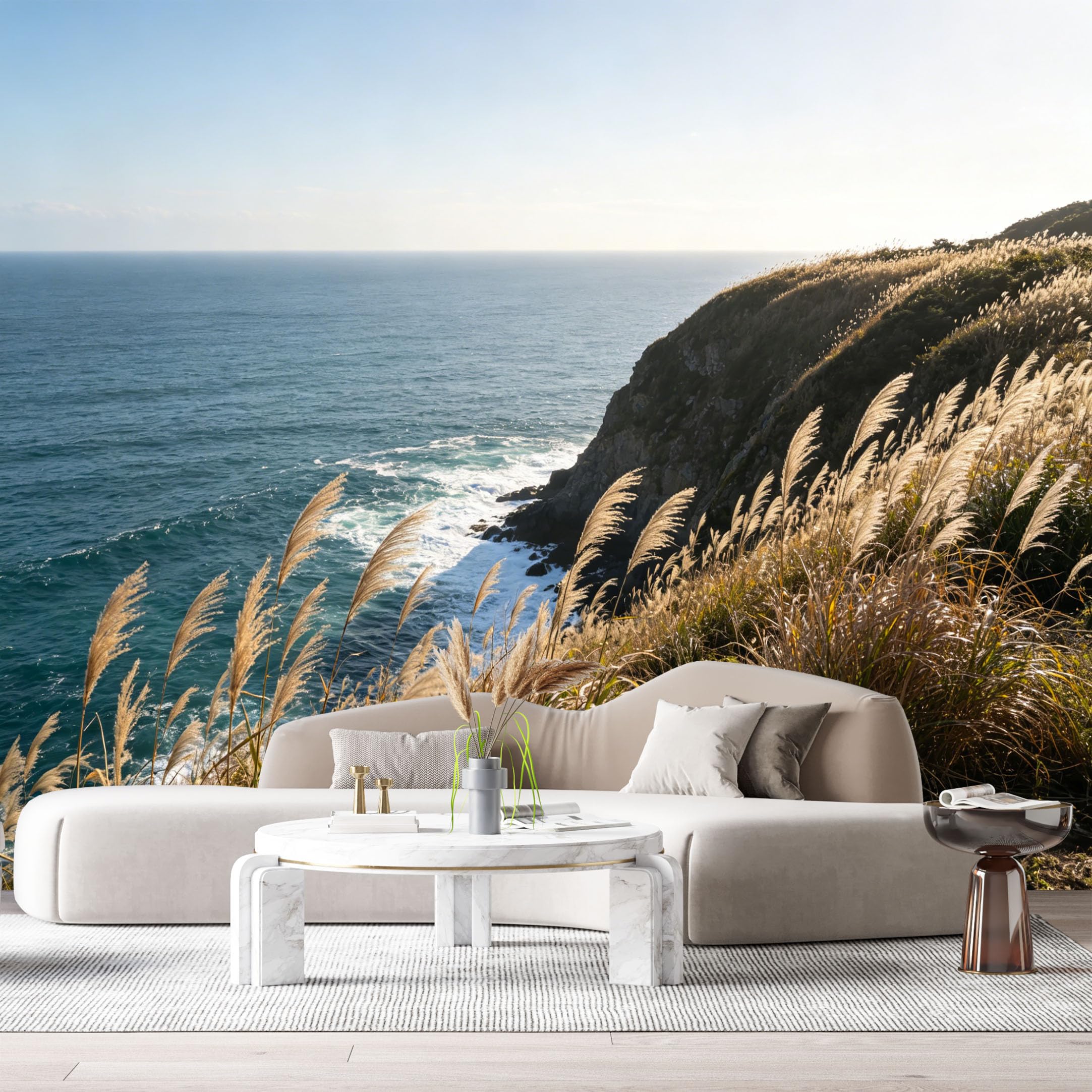 Custom Size Wall Murals Coastal Ocean Marine Landscape Cliff Sunset Wild Reeds SelfAdhesive Wall Fabric Removable Large Wallpaper for Photo Living Room