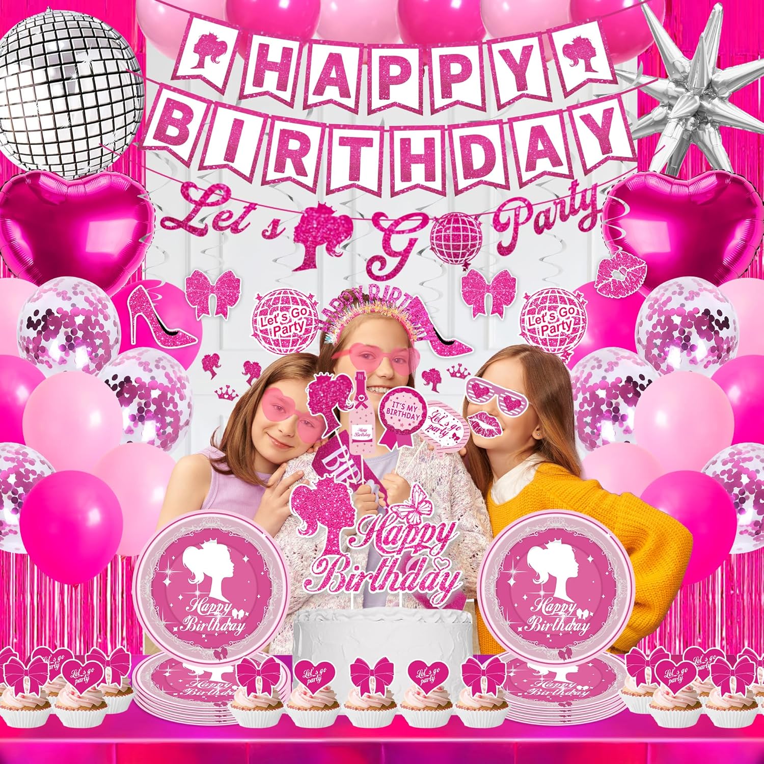 99PCS Hot Pink Birthday decorations Party Supplies, Glitter Happy Birthday Banners, Hanging Swirls, Backdrops, Foil Balloons, Tableware Set, Tiara, Sash, Sunglasses for 18th 21st Women girls