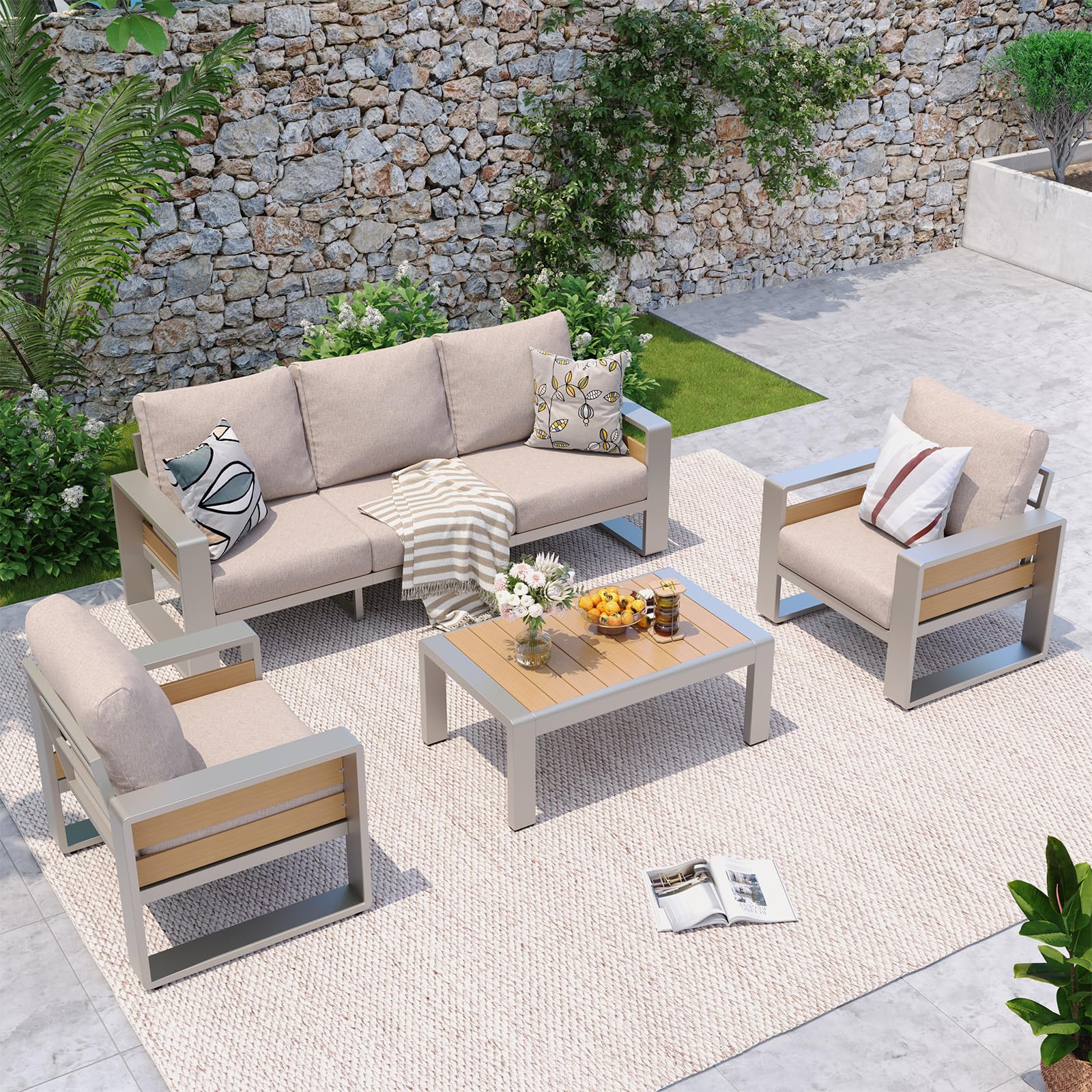 Aoxun Aluminum Patio Furniture Set, 5 Seats Luxury Metal Patio Conversation Sets with Coffee Table, 6'' Thick Cushions and 3-Seat Sofa, Sectional Outdoor Furniture Set for Backyard/Poolside, Beige