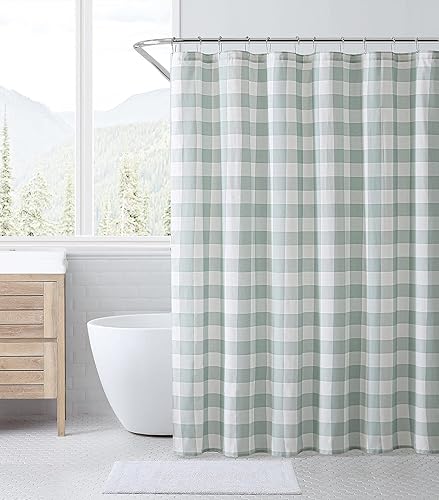 Eddie Bauer - Cortina de ducha, decoración de baño de algodón ligero, ojal superior (cabina a cuadros verdes, 72 x 72 pulgadas)