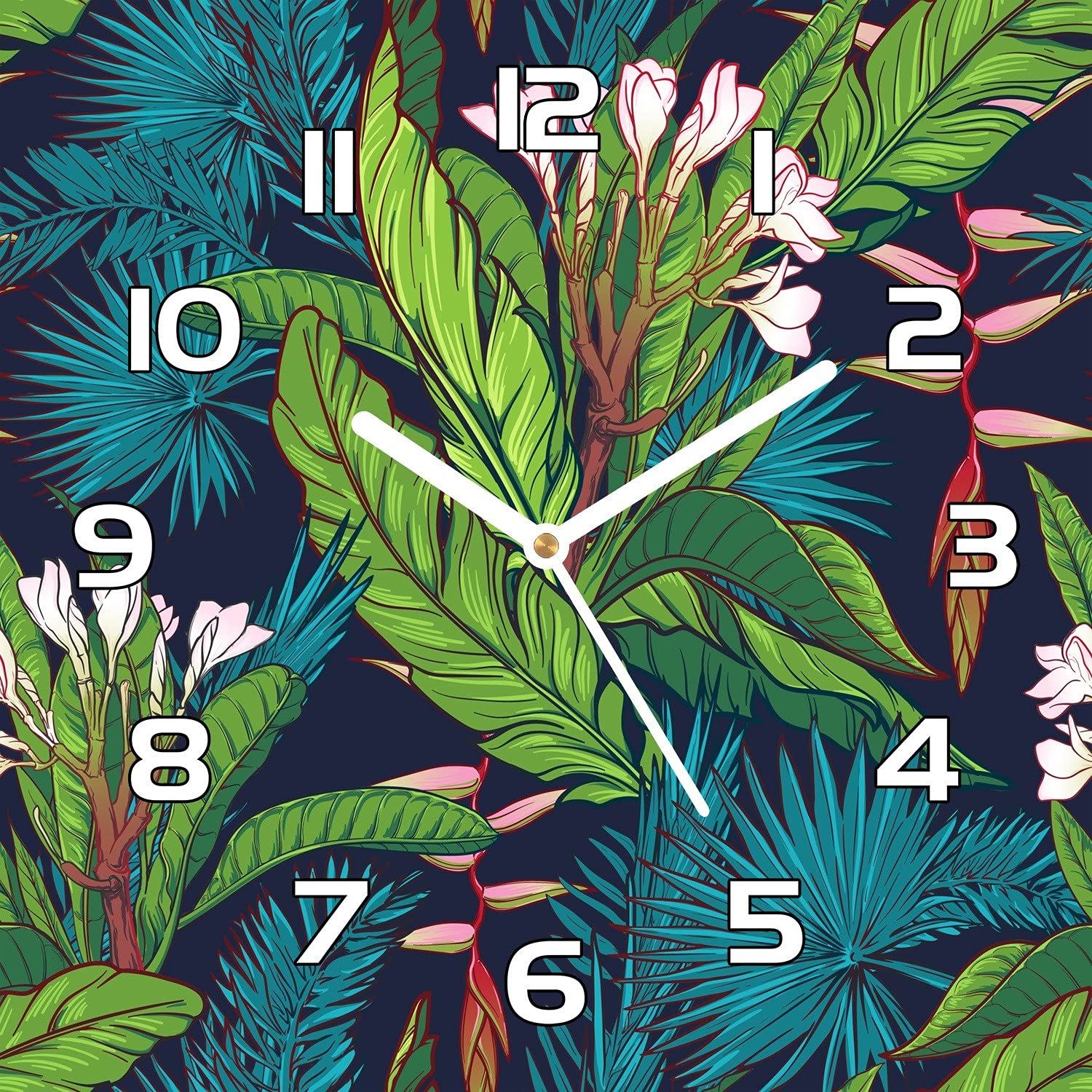 Horloge en verre 30x30 cm lisible et lavable pour cuisine et salon moderne Jungle