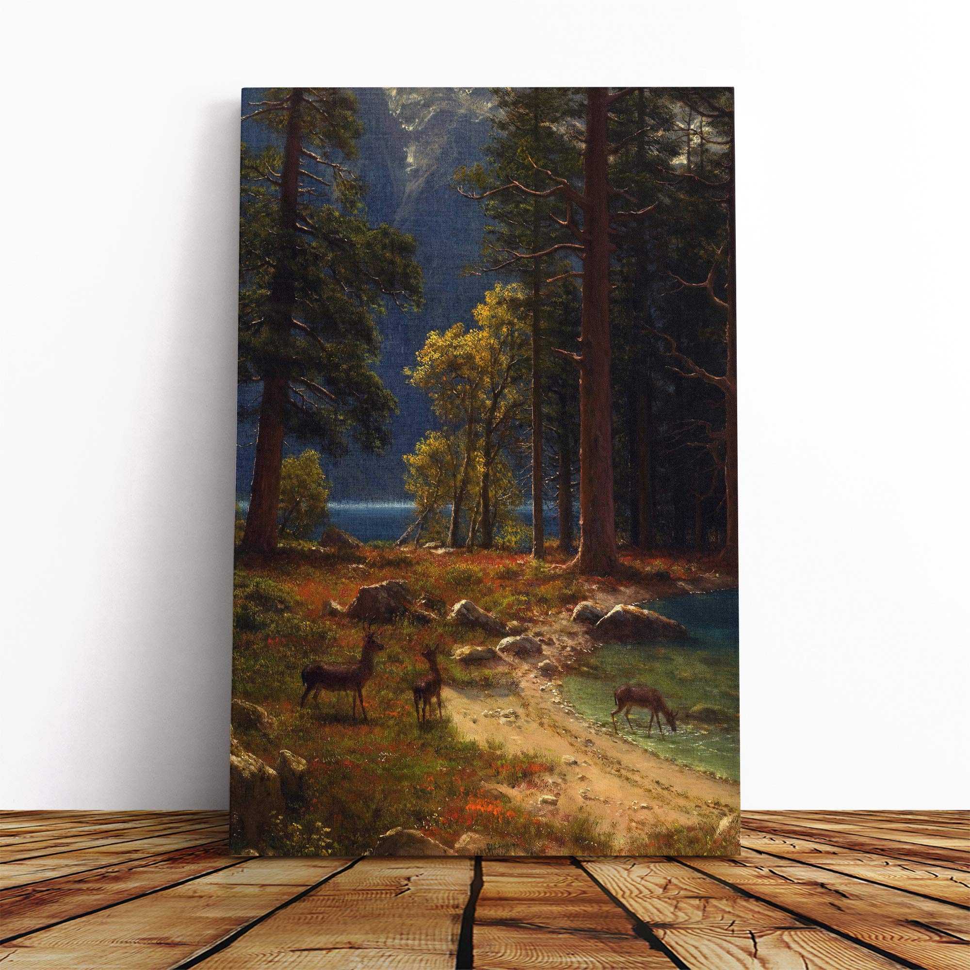 Albert Bierstadt Group of Deer Beside a Lake Canvas Print | Gallery Wrapped 30mm Frame Wall Art | 24x16 inches | Ready to Hang | Modern Animals Picture | Living Room Bedroom Lounge Office