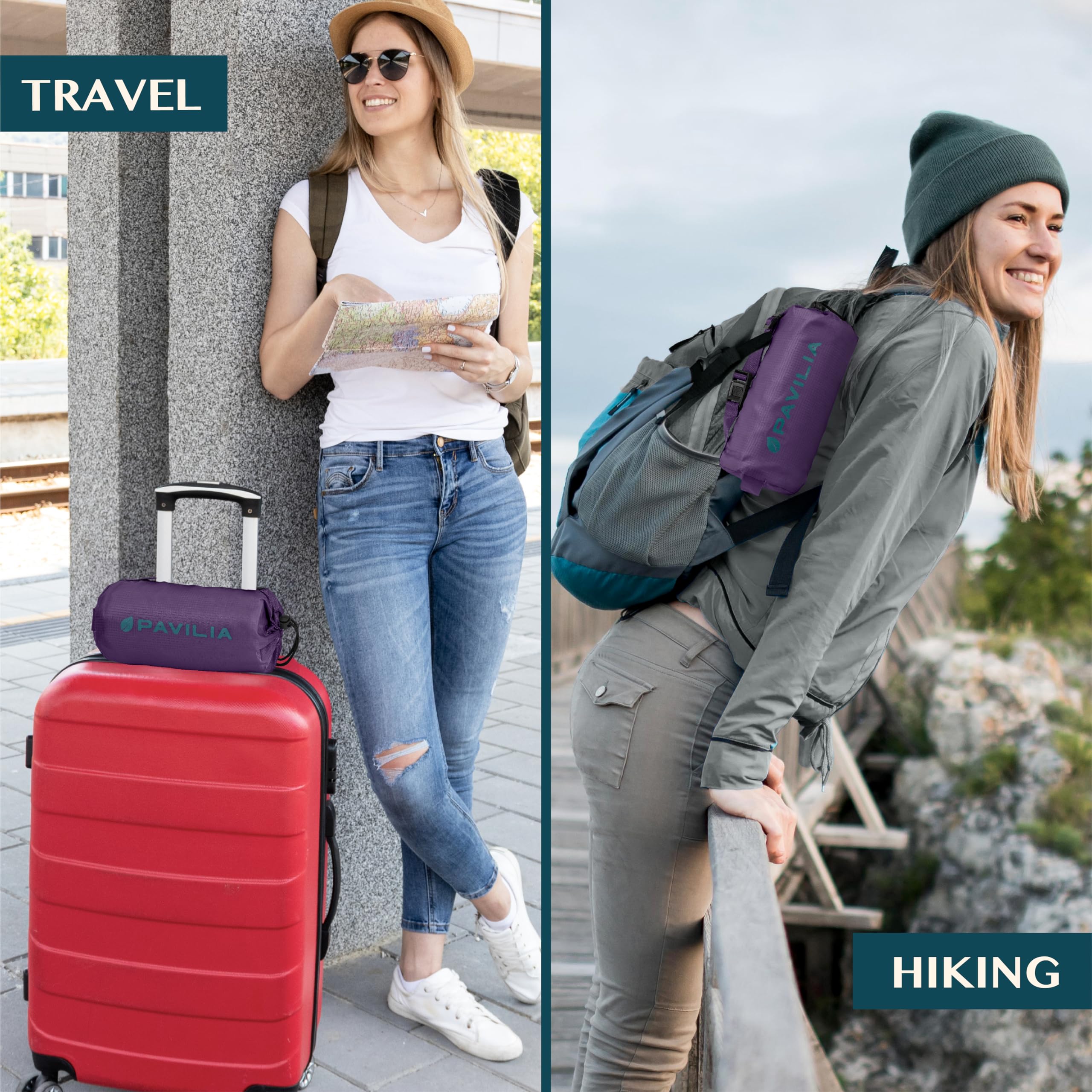 PAVILIA Manta de Viaje compacta con Bolsa, Manta Suave y Plegable para niños y Adultos, artículos Esenciales de Vuelo de Campamento, Accesorios de Regalo para viajeros, Correa de Mochila de Equipaje,