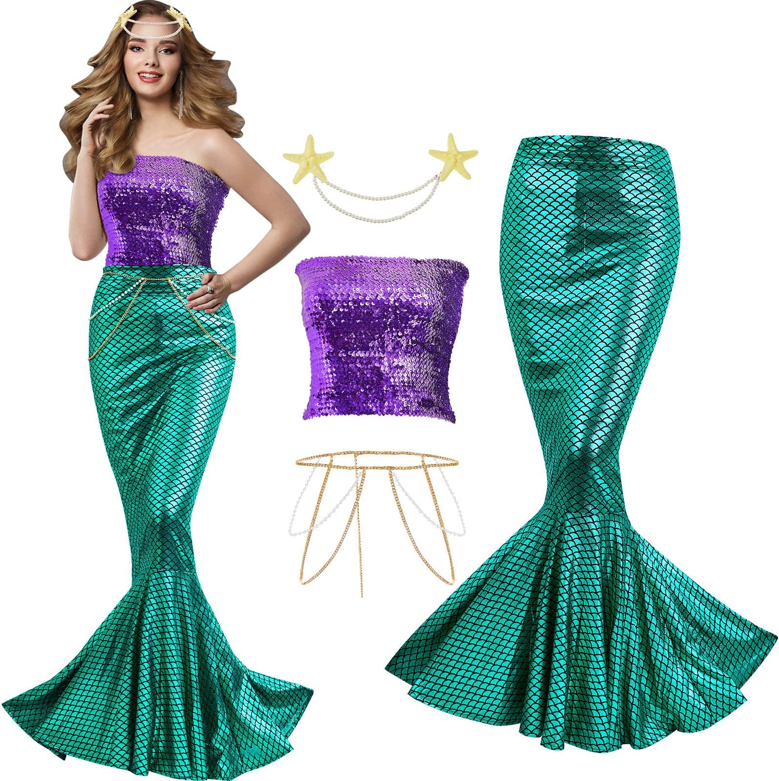 4 Pcs Mermaid Costume for Women Sequin Tube Top Skirt Pearl Waist and Head Chain for Halloween Cosplay