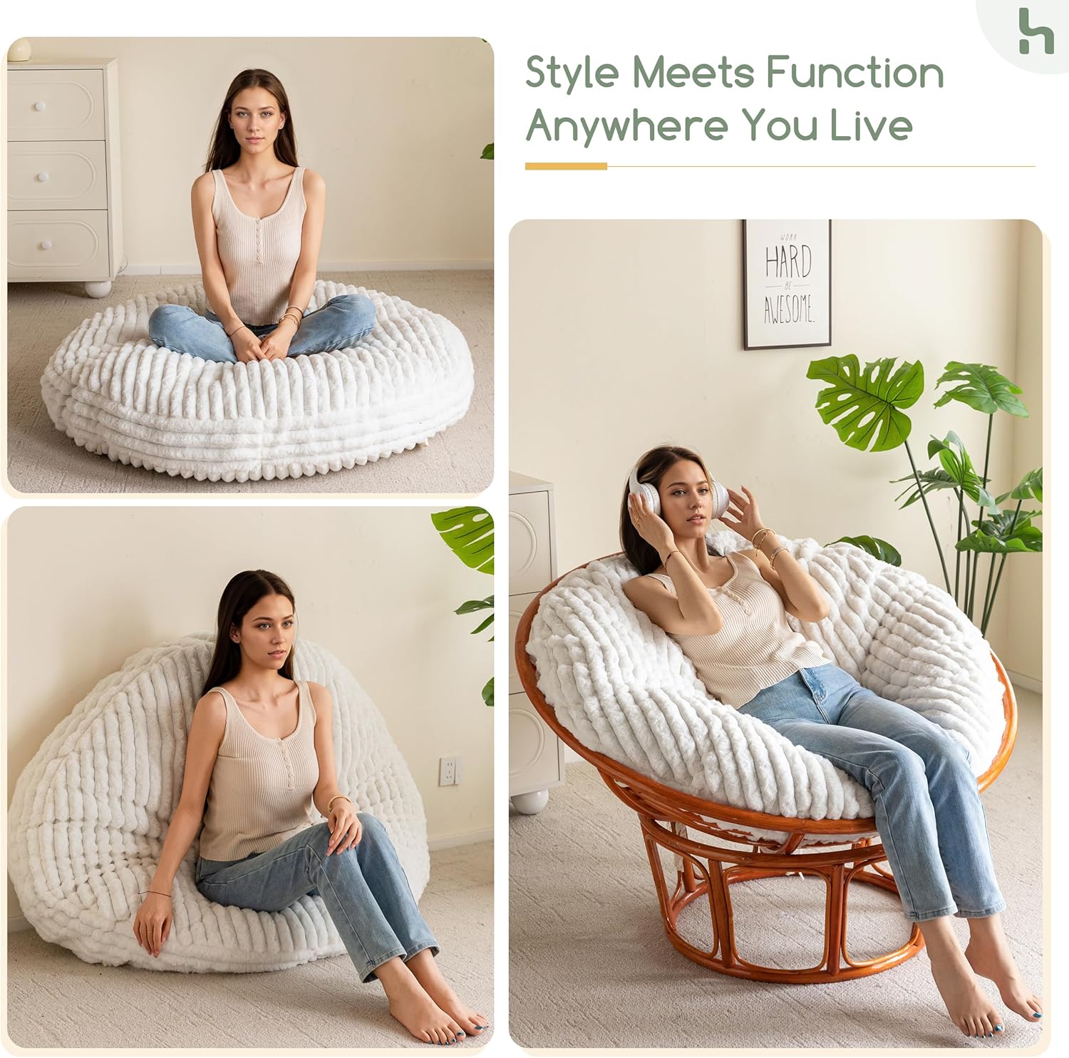 HIGOGOGO Papasan Chair Cushion with Thick Corduroy Cover (Without Chair), Supportive Cushion, Beige, 48 x 48 Inch