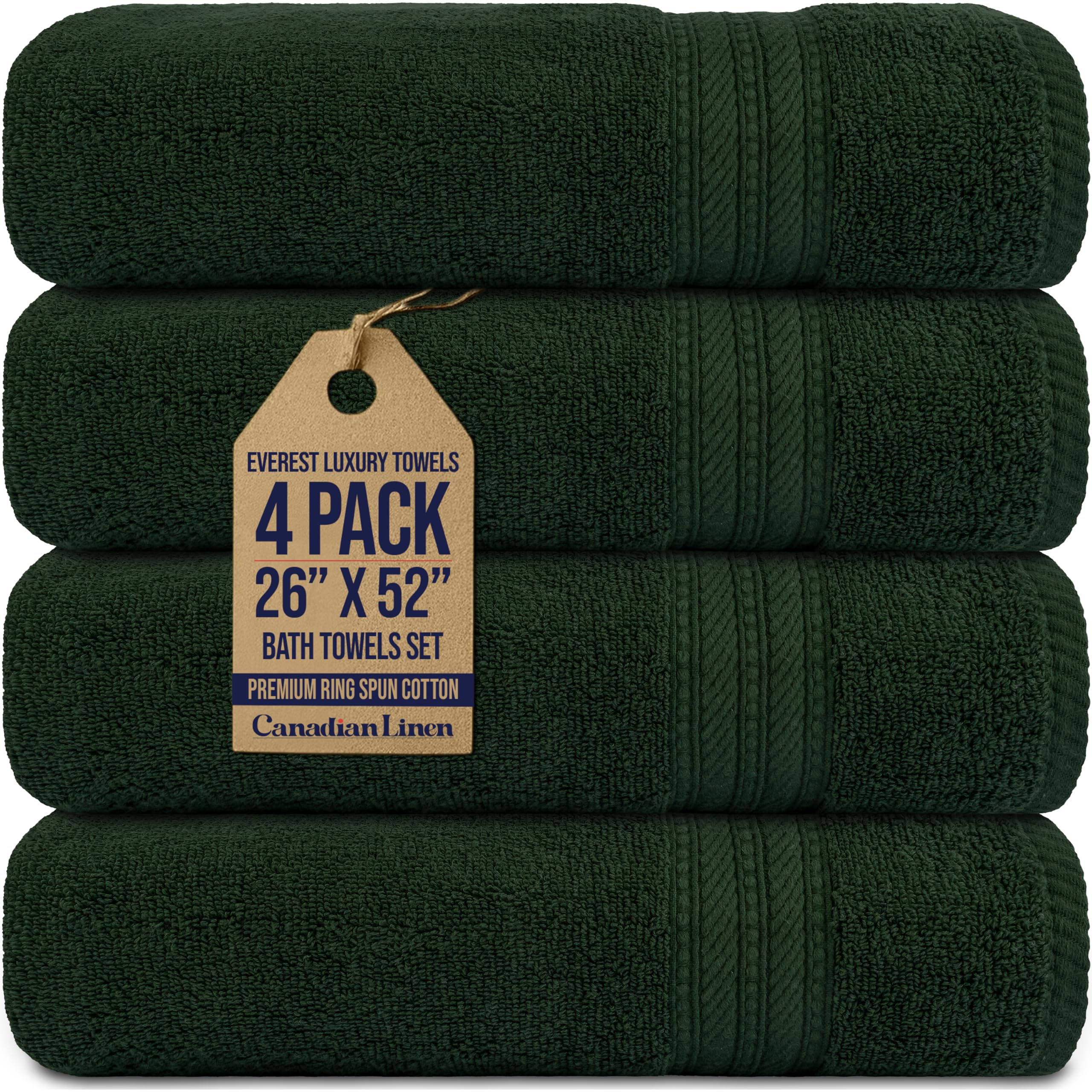 Canadian Linen Everest Luxury Bath Towels Set 26”x52” 4 Pack Hunter Green - Extra Soft Highly Absorbent Quick Dry Cotton