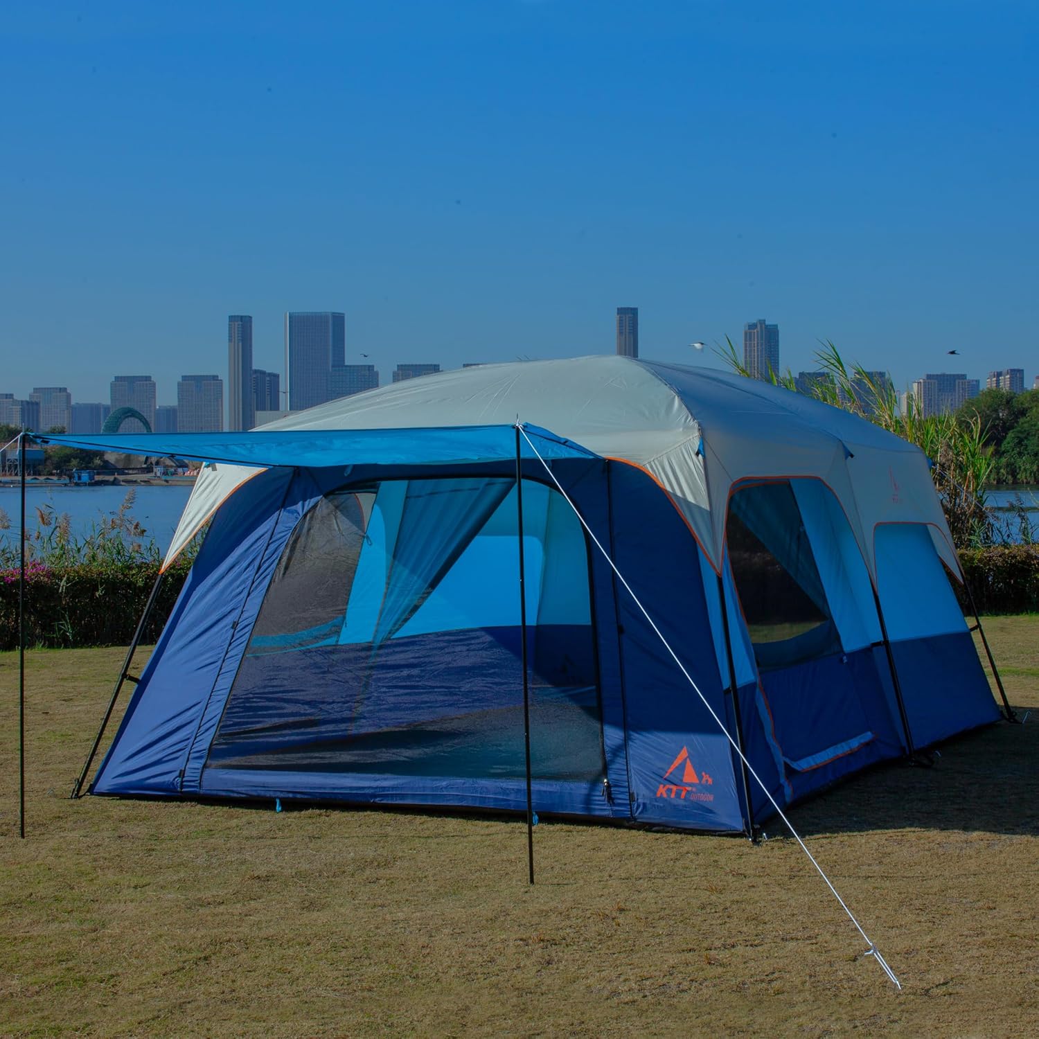 KTT Extra Large Tent 6-10-12-14 Person(A),Family Cabin Tents,2 Rooms,3 Doors and 3 Windows with Mesh,Straight Wall,Waterproof,Double Layer,Big Tent for Outdoor,Picnic,Camping,Family Gathering