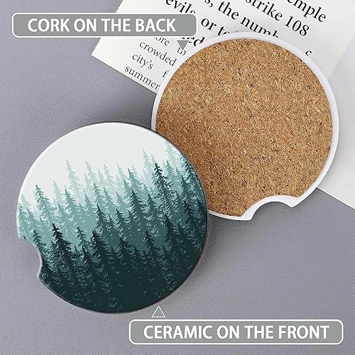 Miniatura 3 de Posavasos de automóvil para portavasos de automóvil, paquete de 2 posavasos de cerámica absorbentes de bosque brumoso, paisaje de árbol verde,
