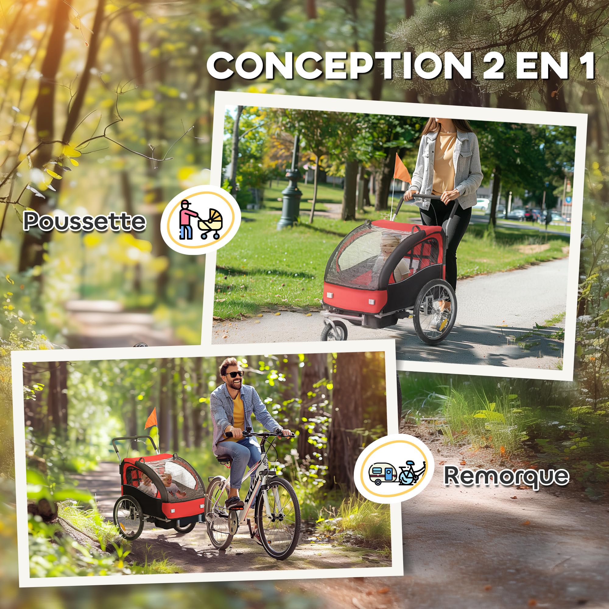 HOMCOM Remorque Velo Enfant 2 en 1 Poussette vélo bébé 2 Places avec Ceinture de sécurité 5 Points, réflecteurs, Drapeau et Rideau Coupe-Vent, Charge 40 Kg