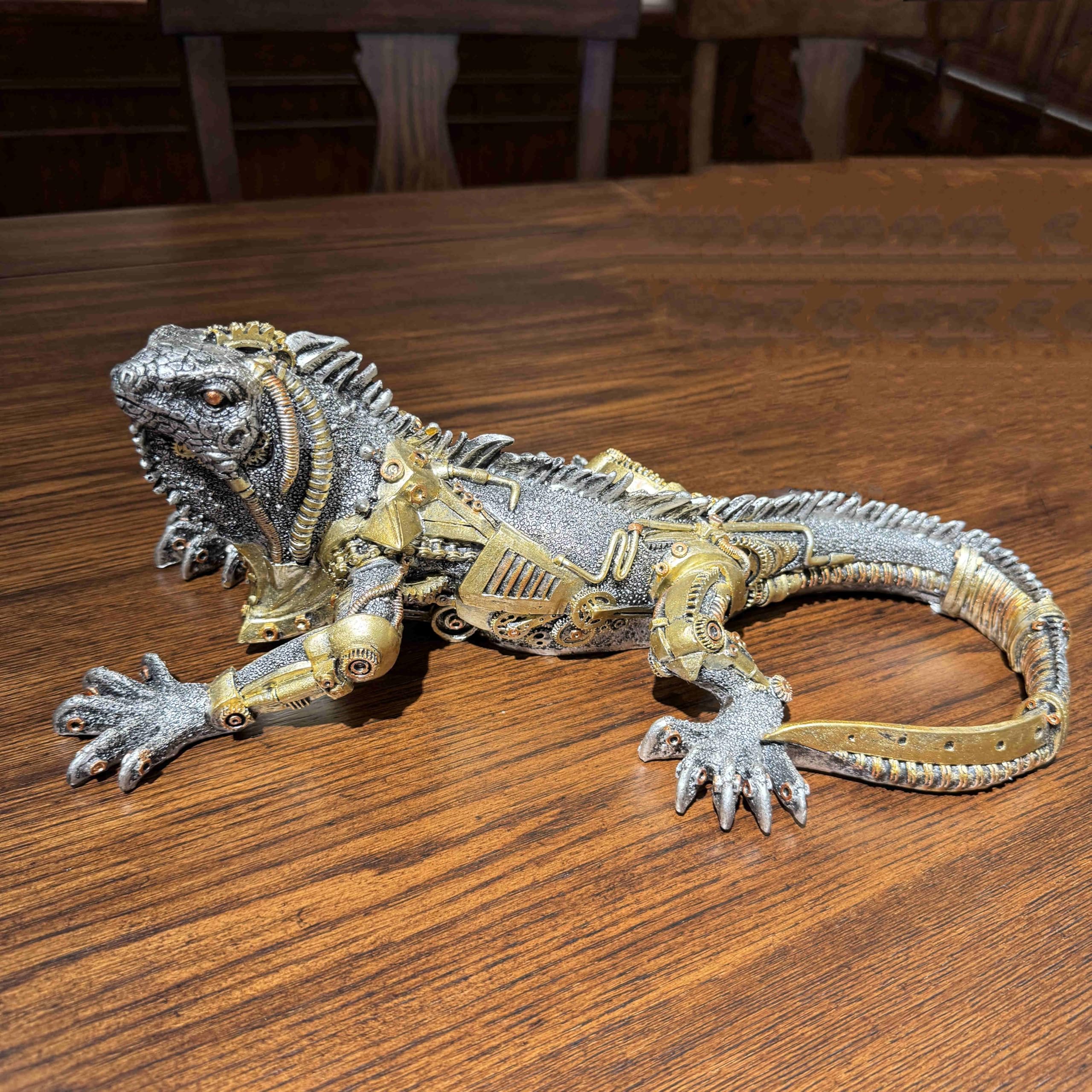 OUTOUR Steampunk Grüne Leguan-Statue aus Kunstharz, Cyborg, Eidechse, Sci-Fi-Sammlerstück, handbemalt, Wandkunst mit Zahnrädern, Heimdekoration, Männerhöhle, Geschenk