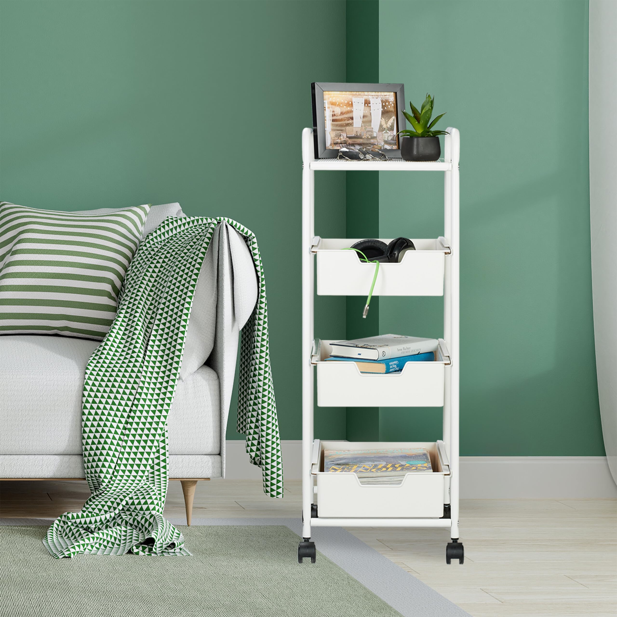 Relaxdays Carrito Auxiliar, 3 Niveles y Balda, Multiusos Cocina y Oficina, Camarera 85,5x32,5x40 cm, Plástico, Blanco