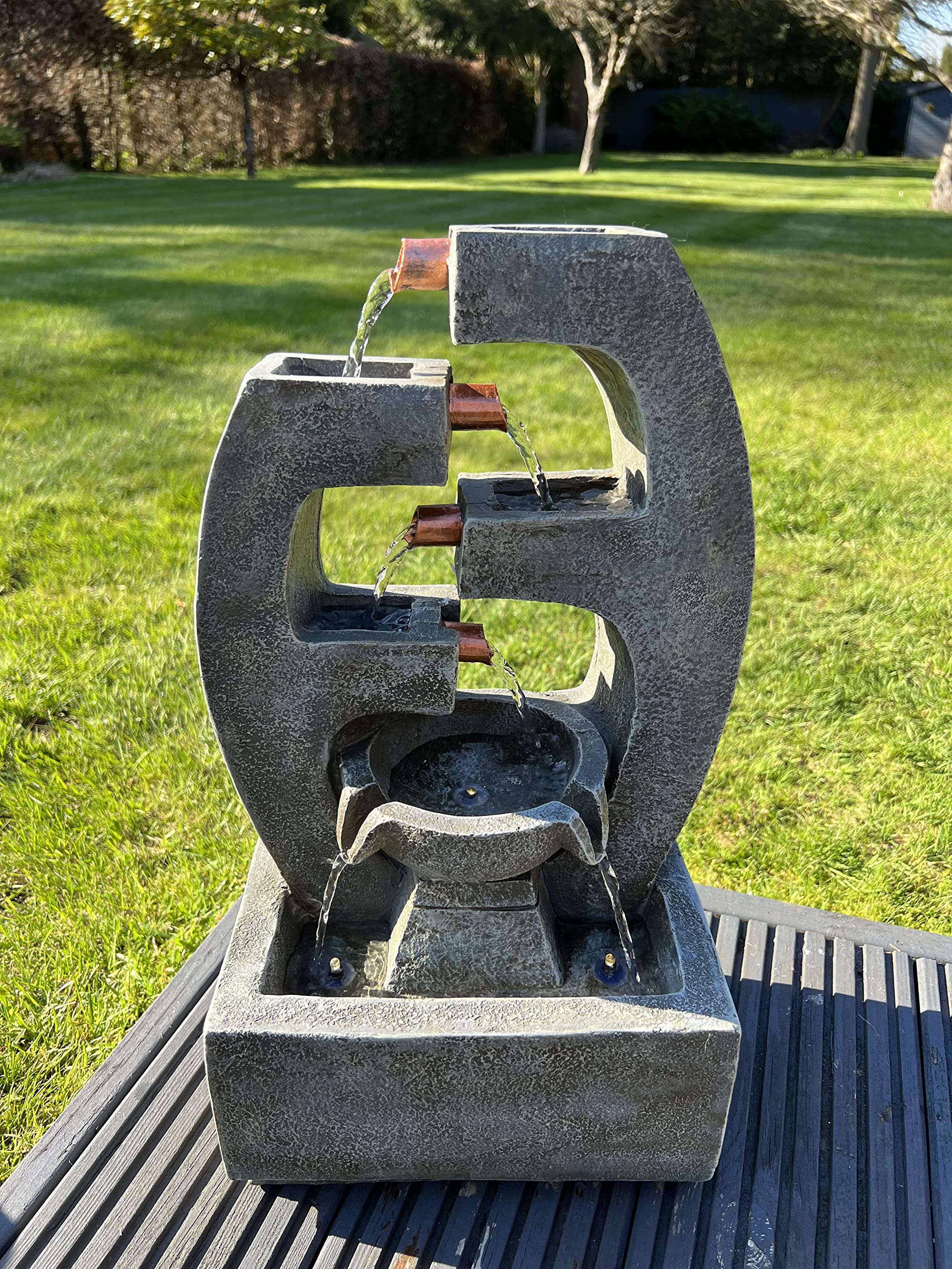 Allpondsolutions Grey Outdoor Self Contained 5 Tier Water Feature With Led Lights - Solar Powered 27.5X18x48cm