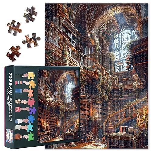 1000 Piece Jigsaw Puzzle for Adults, Library Artwork Puzzles, Lush Greenery and Book Jigsaw Puzzles, Bathed in Sunlight Puzzle Games, No Dust Smooth Edges, Wall Art Decor for Living Room(50.5x70.5cm) - Artwork-02